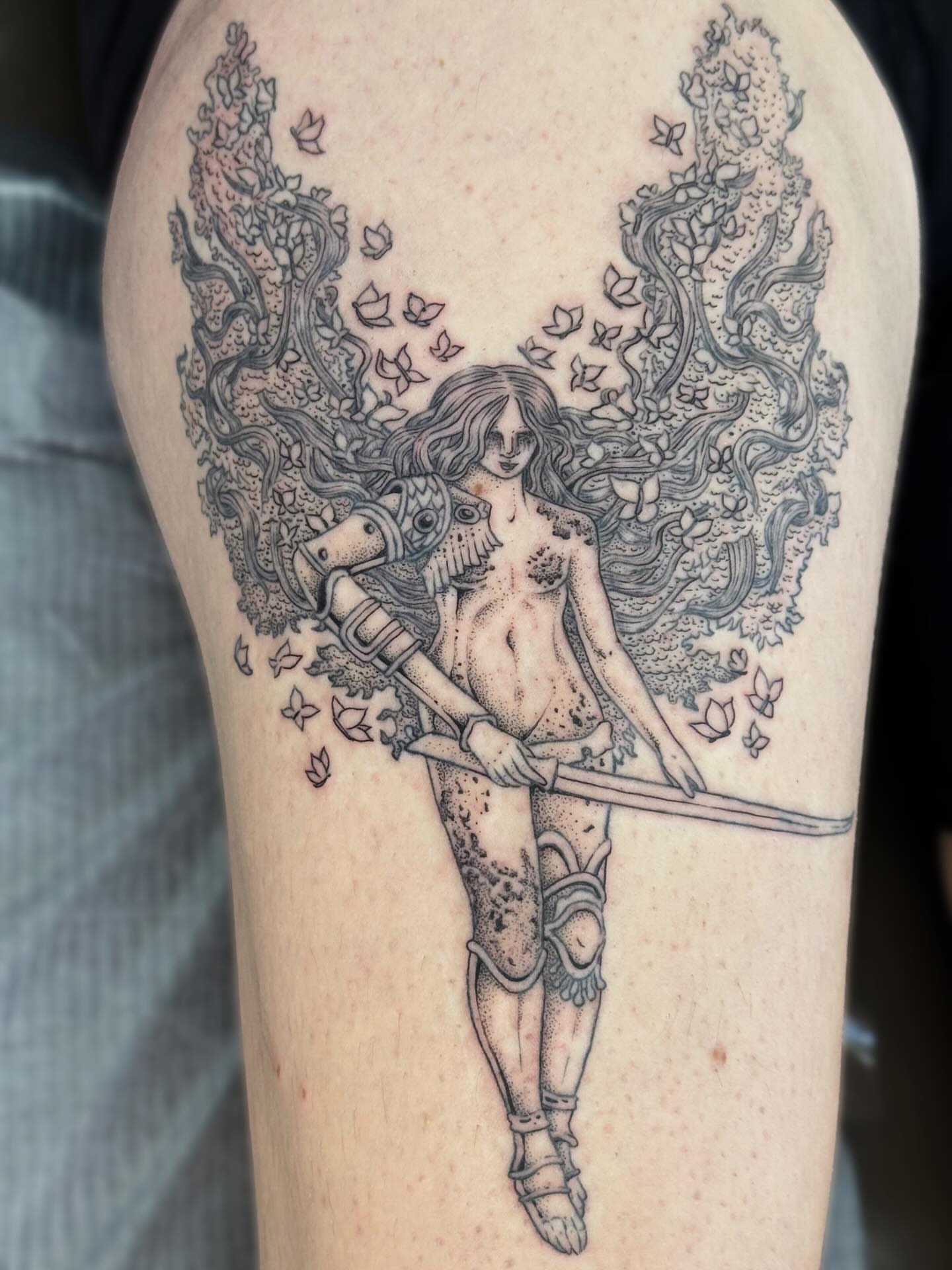 Naked warrior with wings dotwork tattoo on the thigh by Writhe Grey