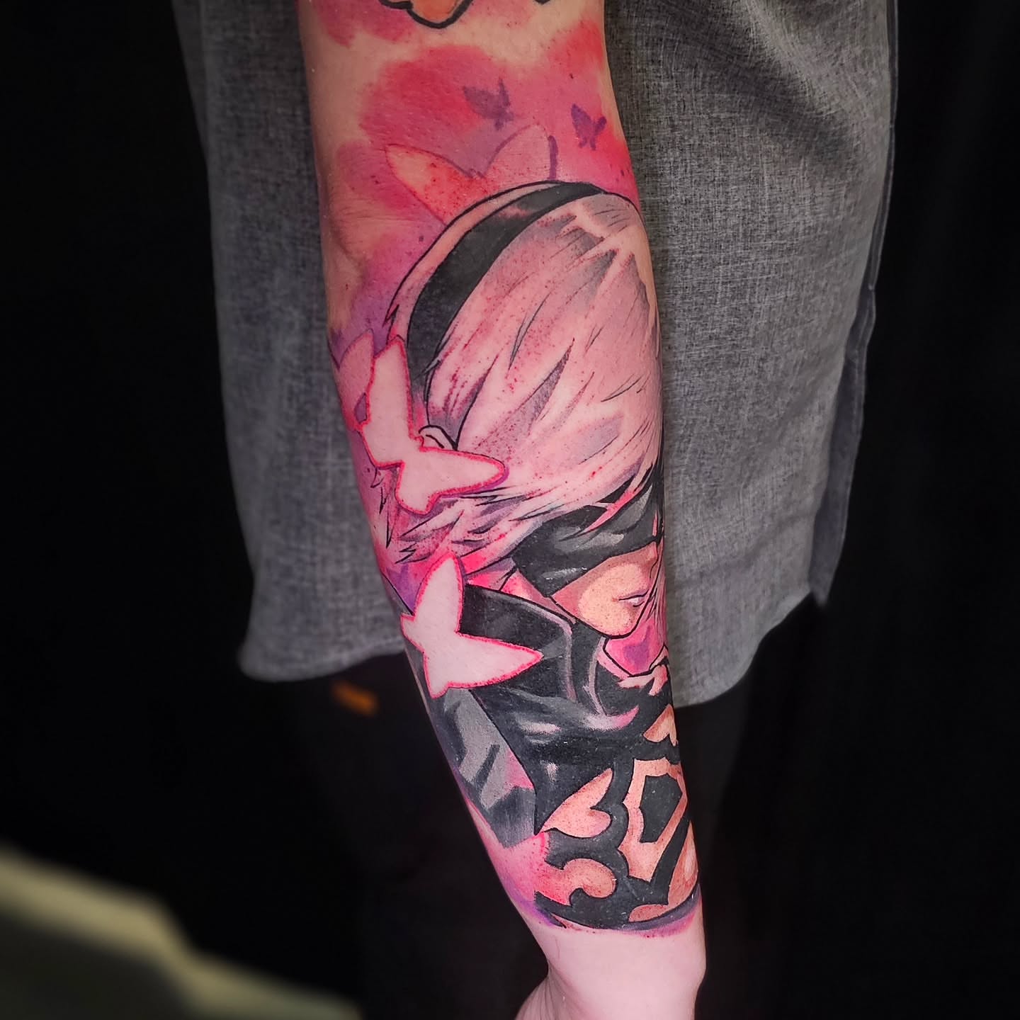 Anime character anime tattoo on the forearm by Cody Gower Tattoo Artist