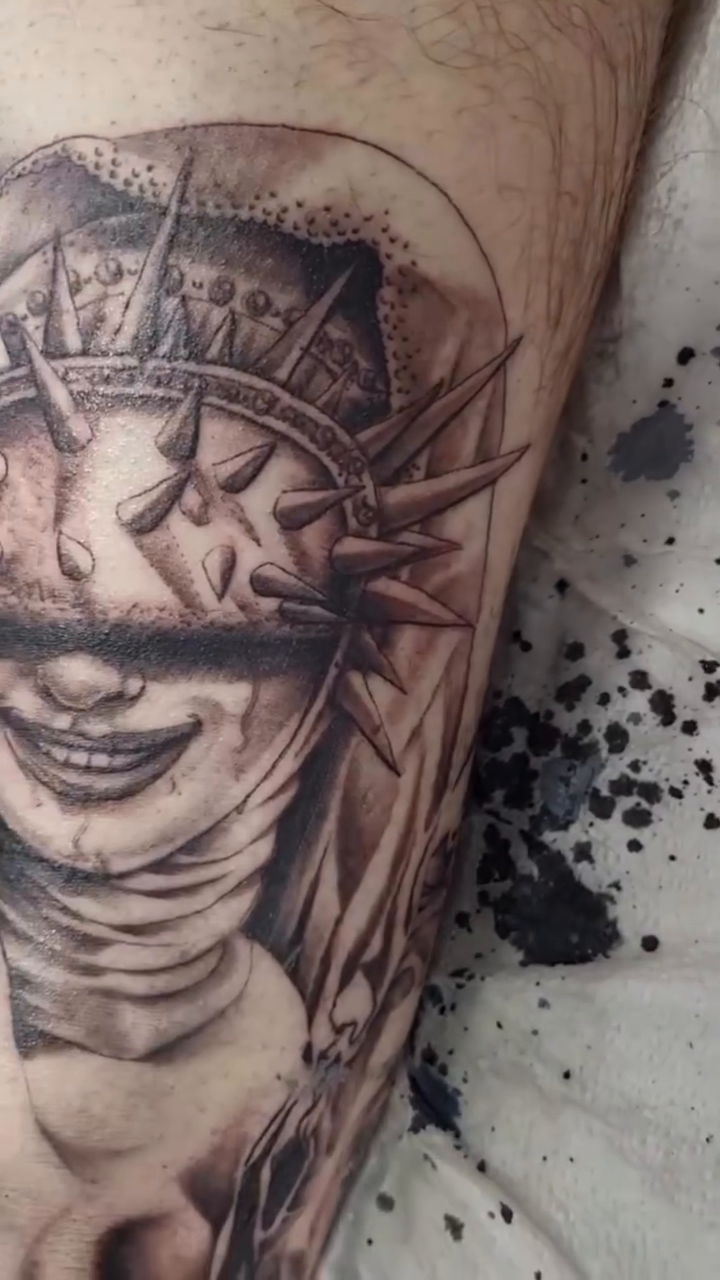 Nun with crown of thorns dark realism tattoo by Look