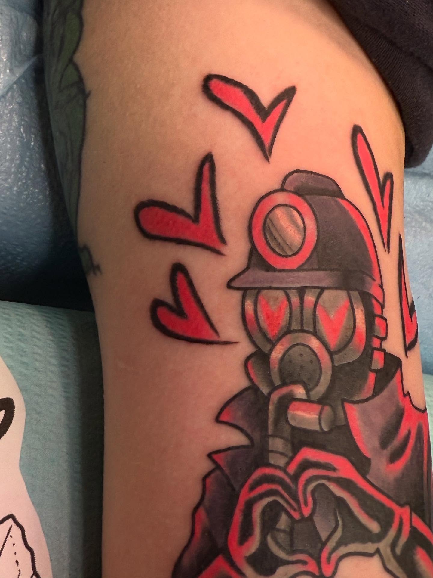 Robotic soldier American traditional tattoo on the forearm by Romans