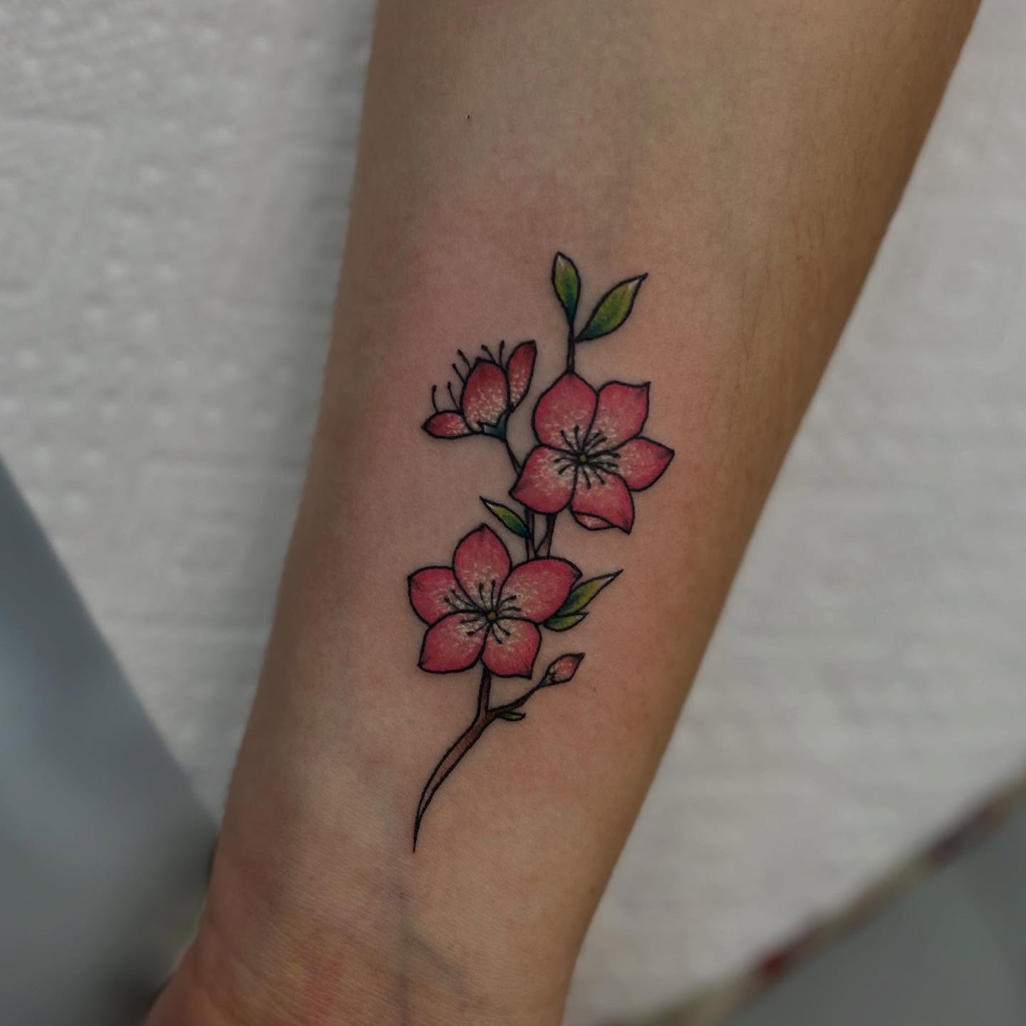 Cherry blossoms dotwork tattoo on the forearm by Abby Watts, Columbus, Ohio
