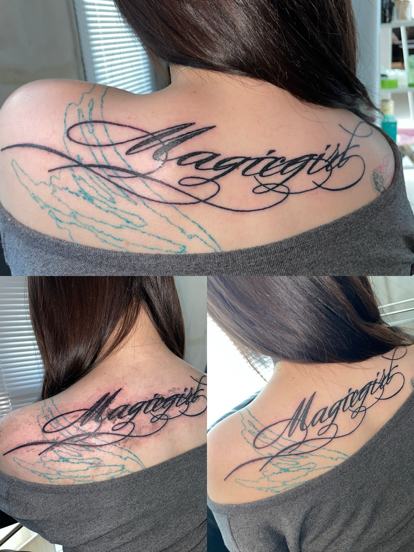 Magiegirl lettering script tattoo on the shoulder by eyeball