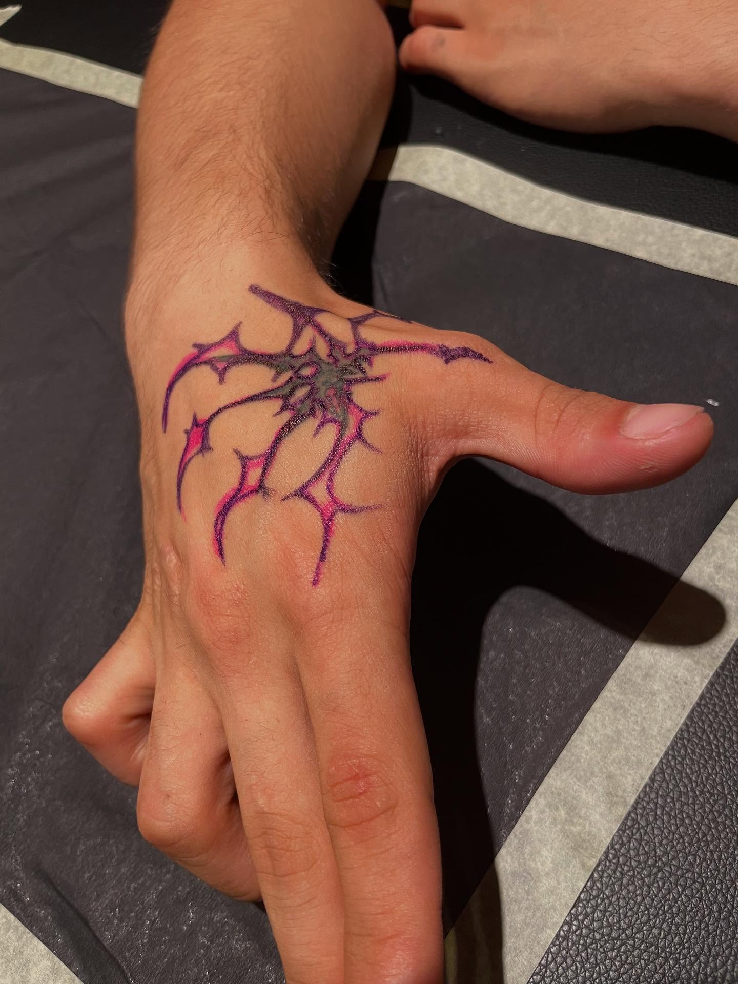 Spider web geometric tattoo on the hand by lu ๐