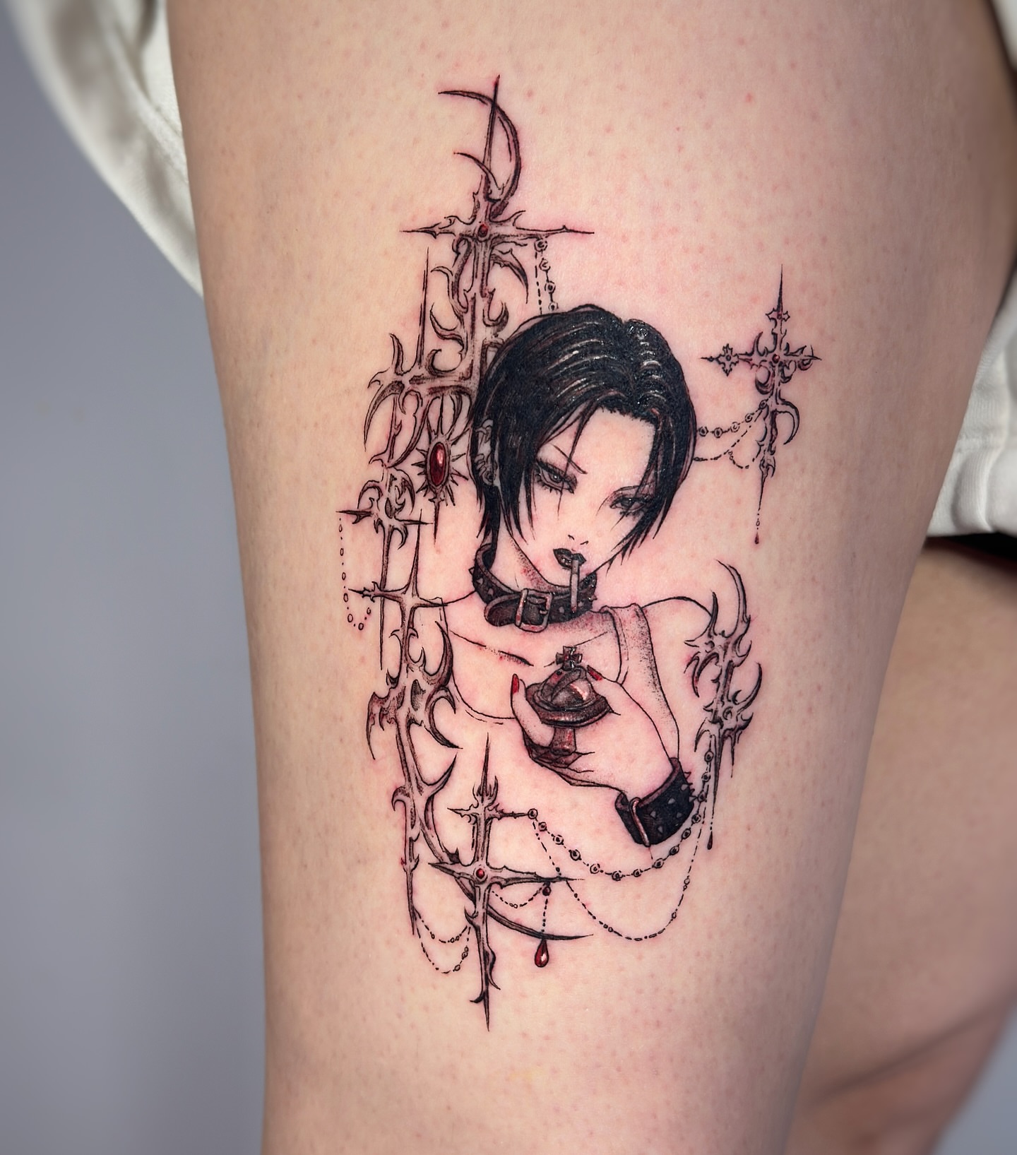 Anime character anime tattoo on the thigh by Jemin Ren