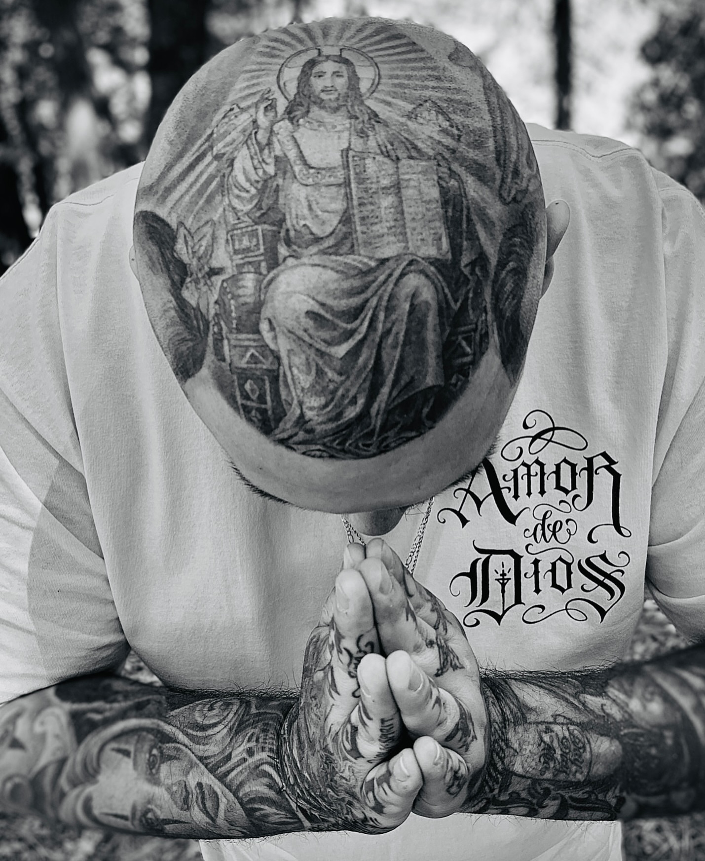 Religious figure realism tattoo on the head by F e A R
