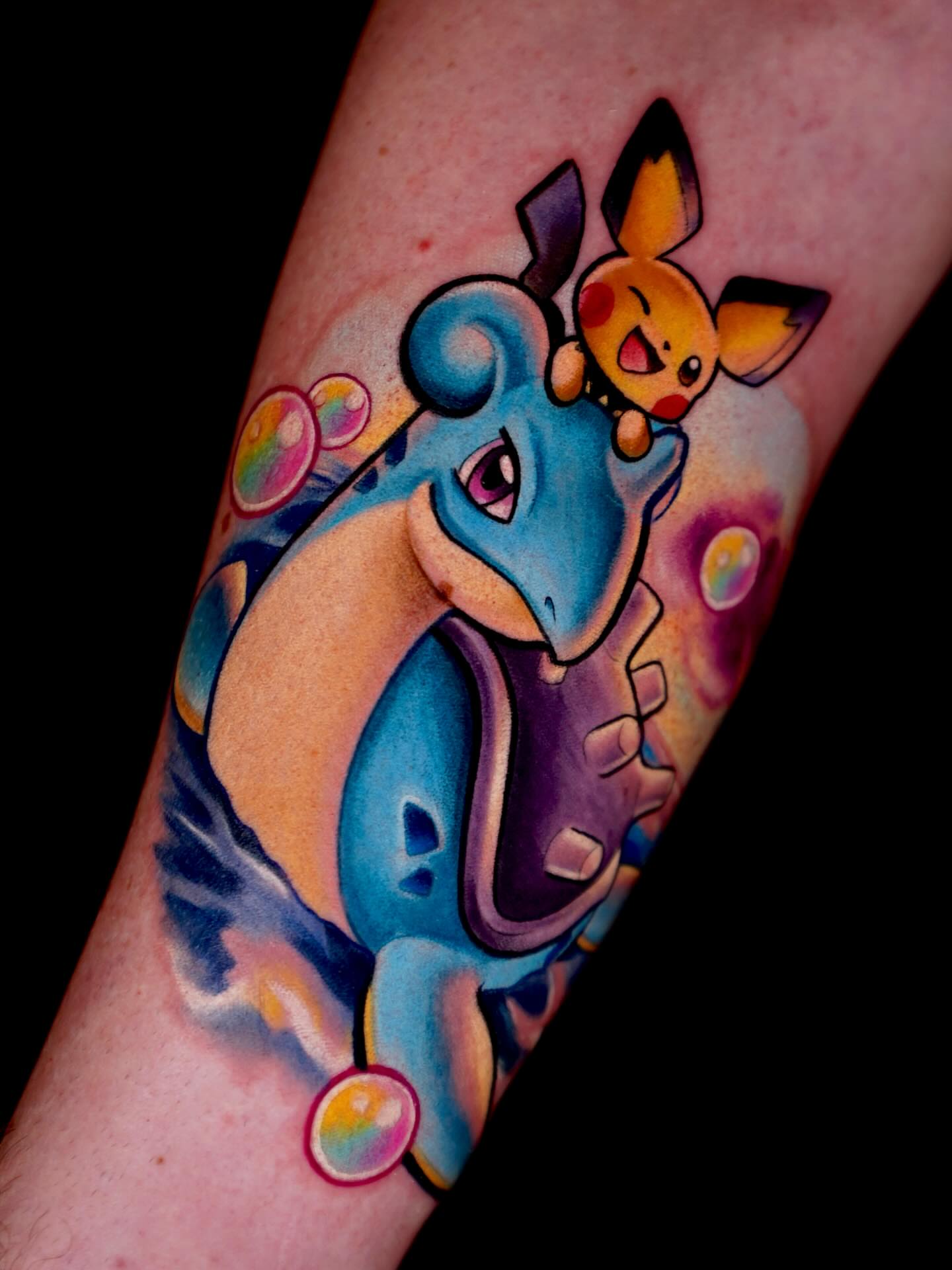 Squirtle and pikachu watercolor tattoo on the forearm by Shana 🍊Orlando,Fl