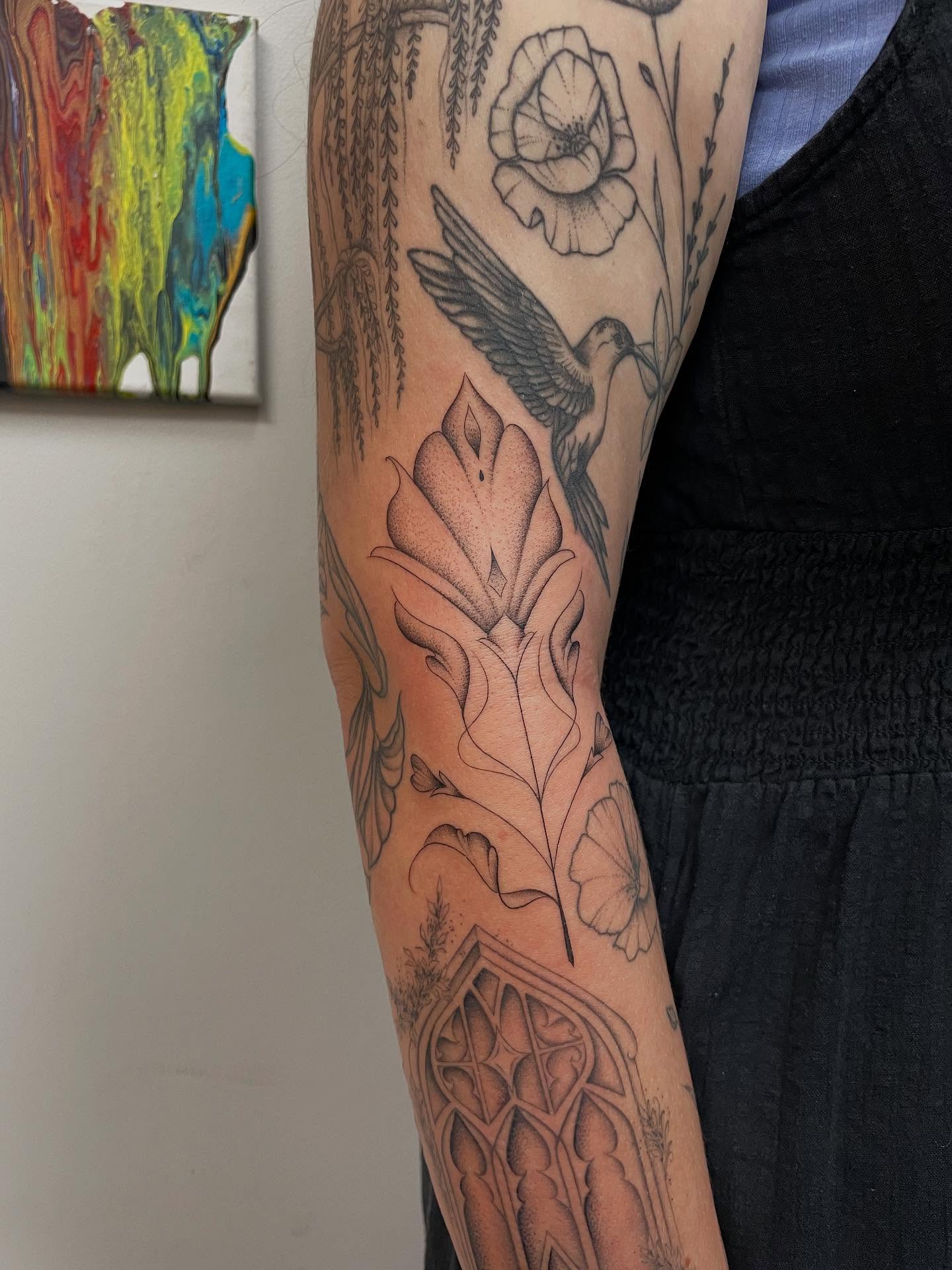 Floral and bird dotwork tattoo on the forearm by Marjeline González🌈🌞