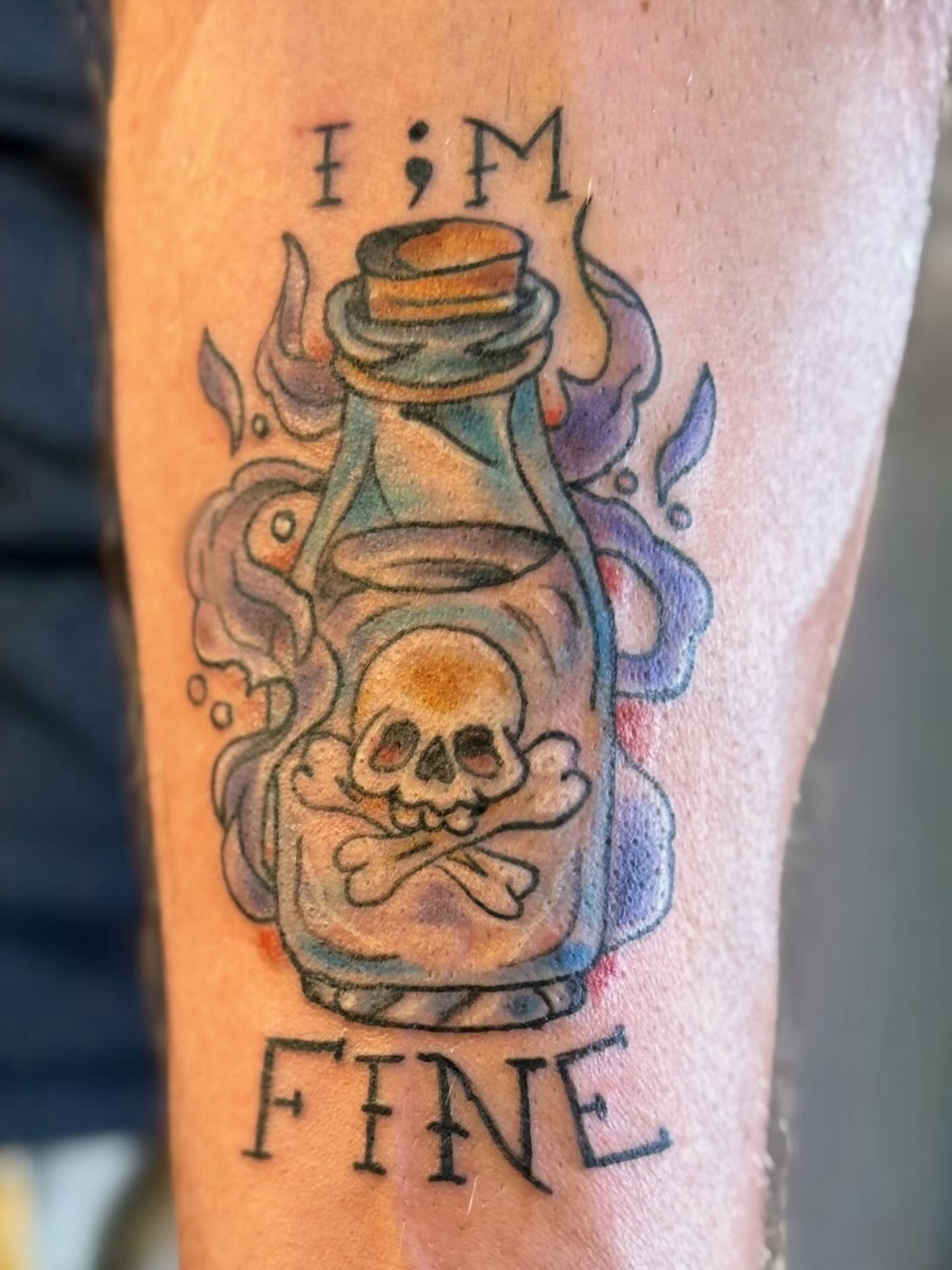 Poison bottle with skull American traditional tattoo on the forearm by @brocks_tatt_attic_, New Orleans, Louisiana