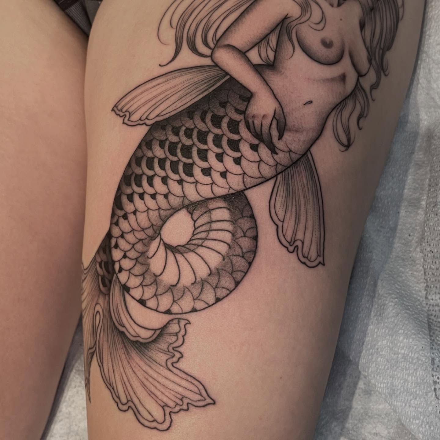 Mermaid black and grey tattoo on the thigh by Amanda Marie, Edmonds, Washington
