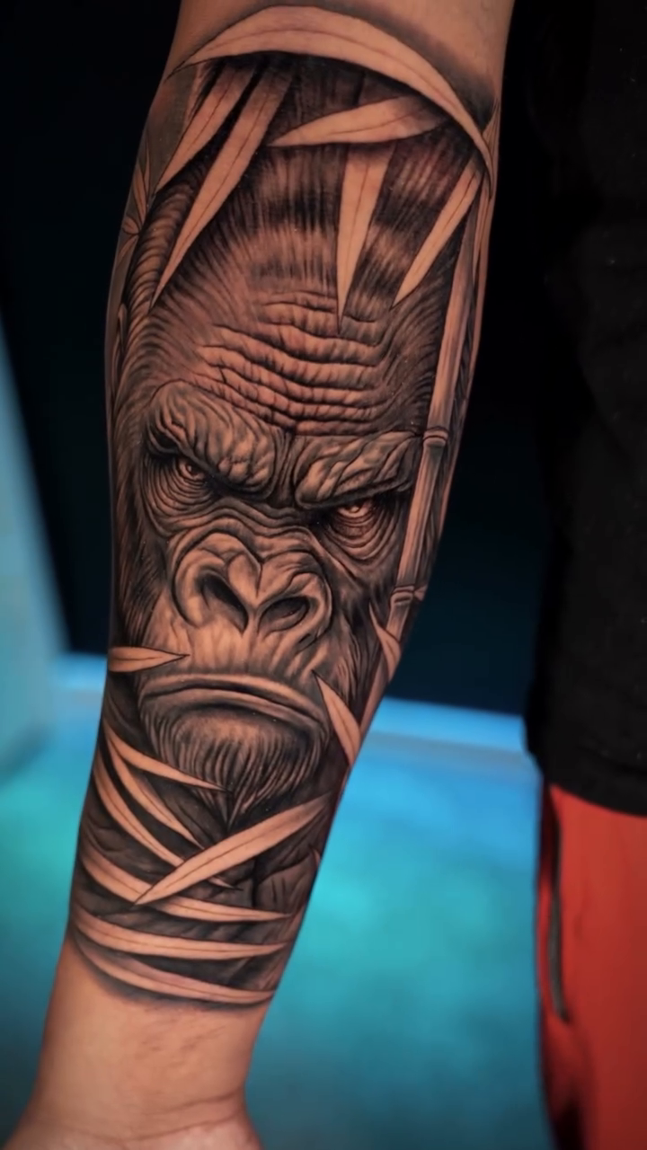 Gorilla portrait realism tattoo by Ricardo javier Gil, Dallas, Texas