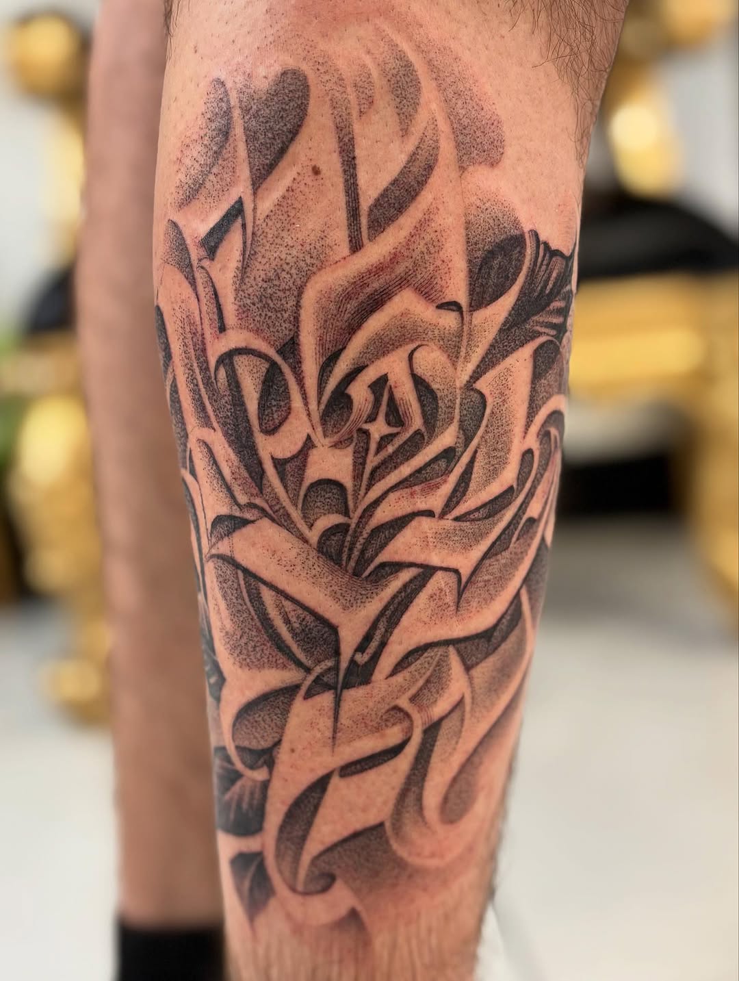 Tattoo by @ashtattooer — lettering_script, dotwork