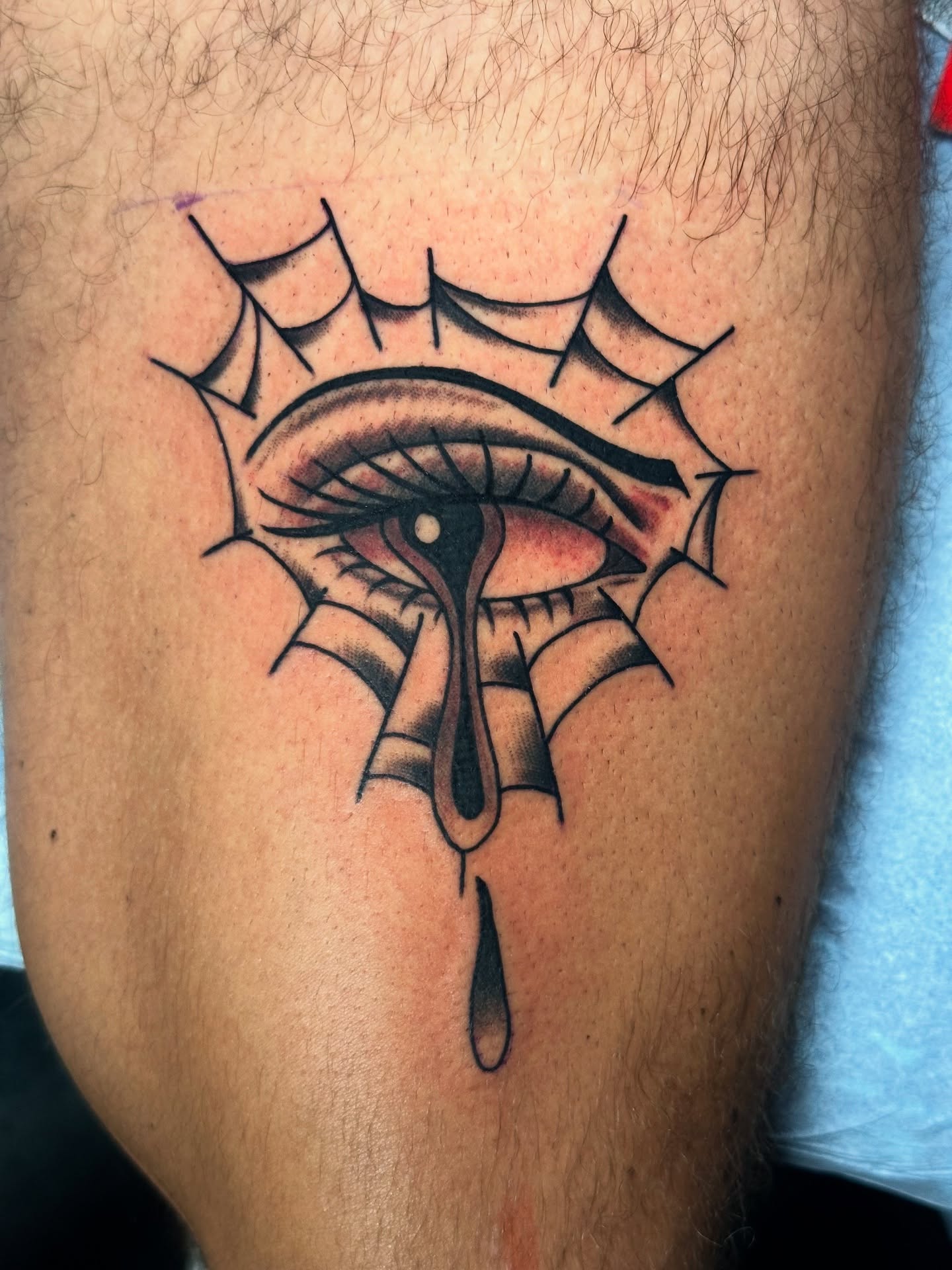 Eye with spiderweb neo-traditional tattoo on the thigh by 🕸🎚 𝑺𝑨𝑵𝑻𝑰 𝑺𝑬𝑽𝑬𝑵𝑺 🎚🕸🇫🇯