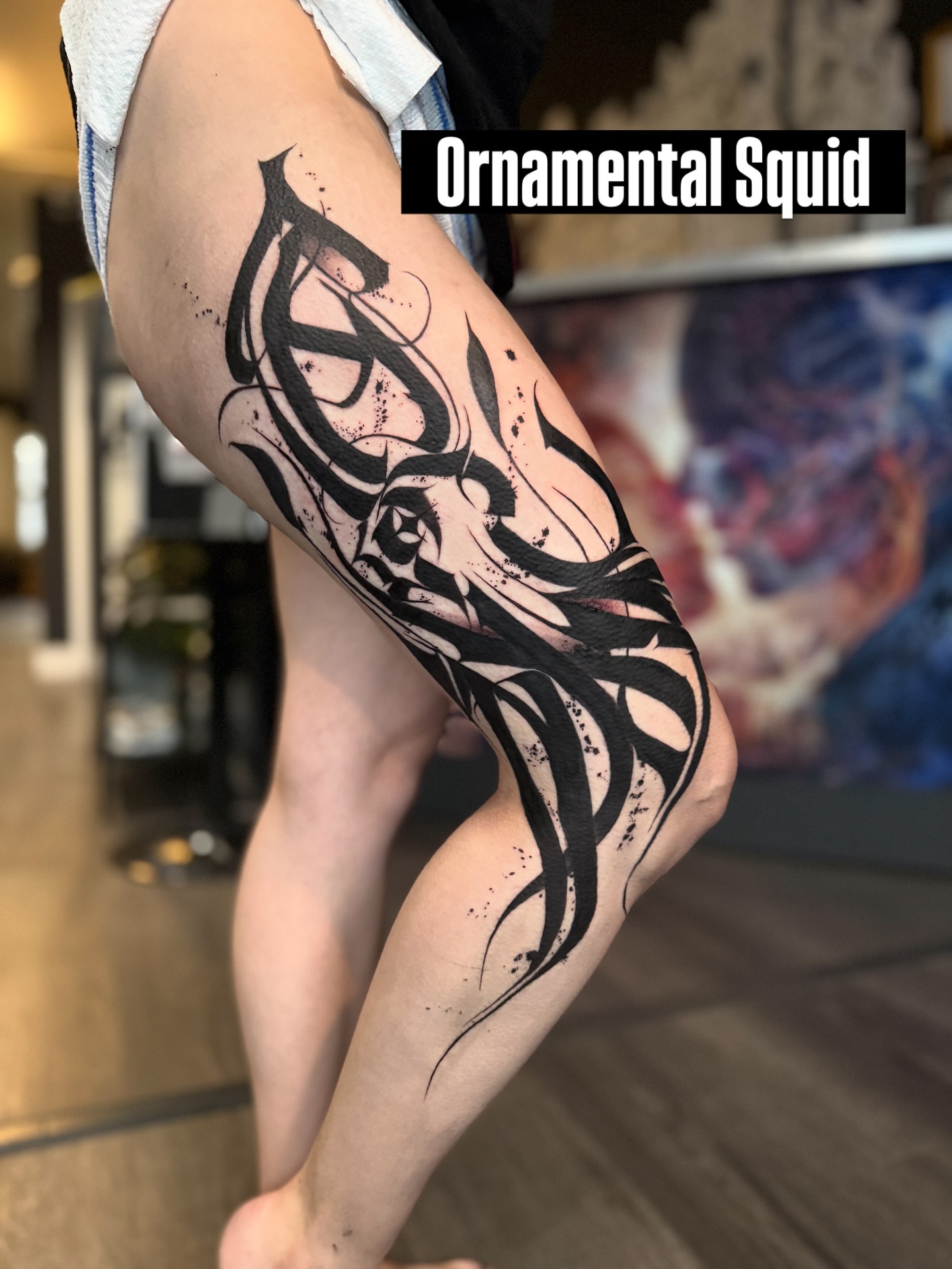 Squid ornamental tattoo on the calf by Wiser Oner- Salt Lake City Tattoo Artist, Salt Lake City, Utah