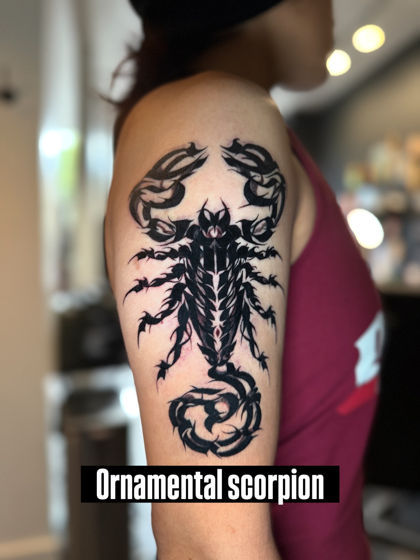 Ornamental scorpion ornamental tattoo on the shoulder by Wiser Oner- Salt Lake City Tattoo Artist, Salt Lake City, Utah