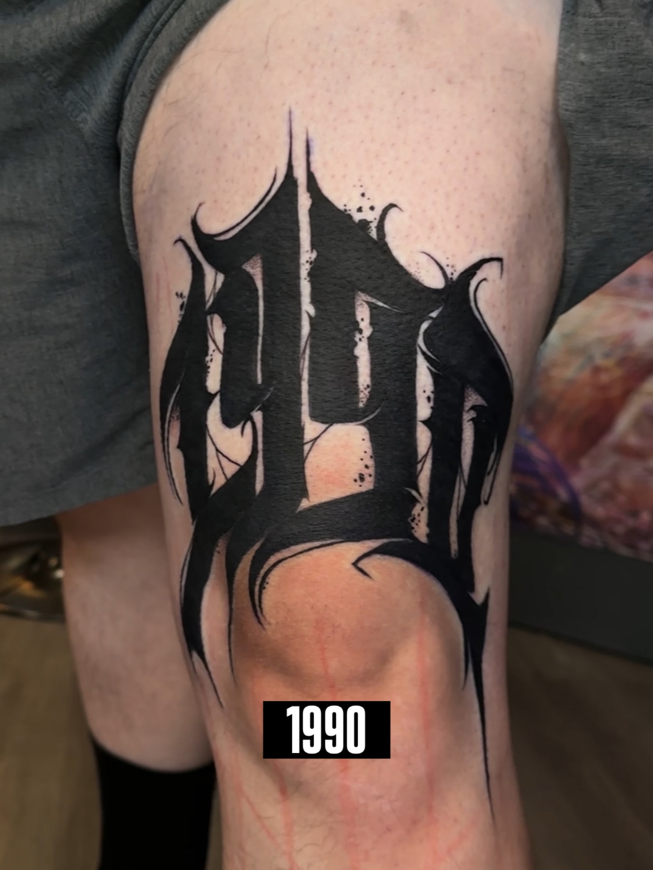 Lettering black and grey tattoo on the thigh by Wiser Oner- Salt Lake City Tattoo Artist, Salt Lake City, Utah