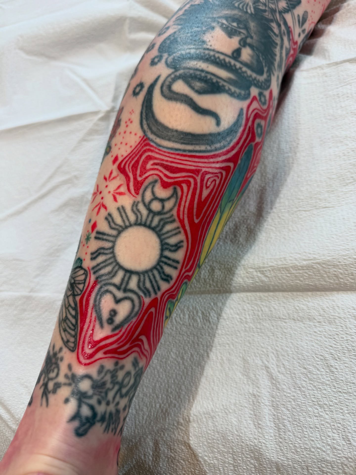 Sun and crescent moon American traditional tattoo on the forearm by ๐ฎ๐๐๐๐๐๐
