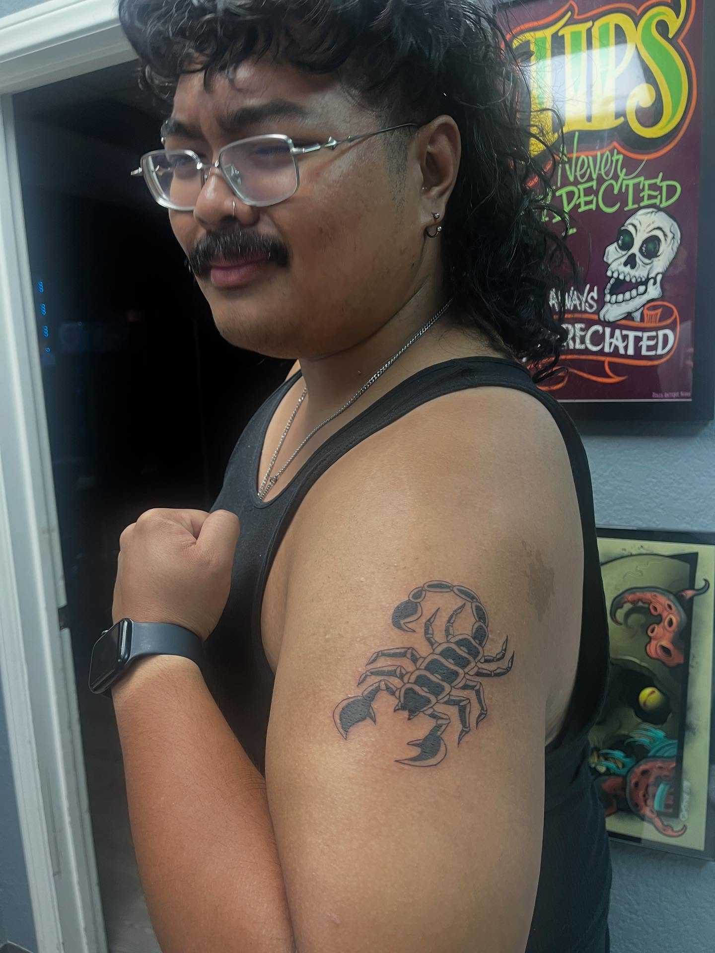 Scorpion black and grey tattoo on the shoulder by Kevin, Las Vegas, Nevada