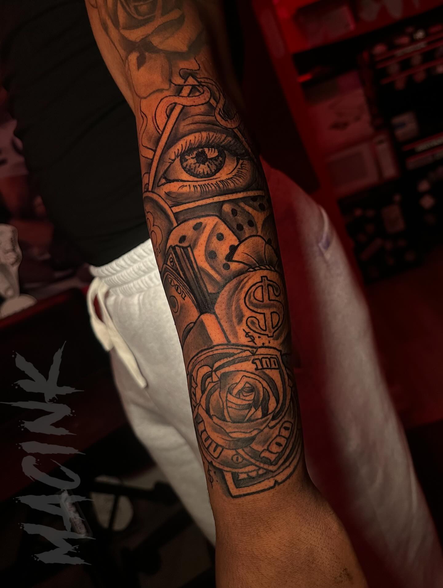Eye and dice realism tattoo on the forearm by ATL Tattoo Artist💲