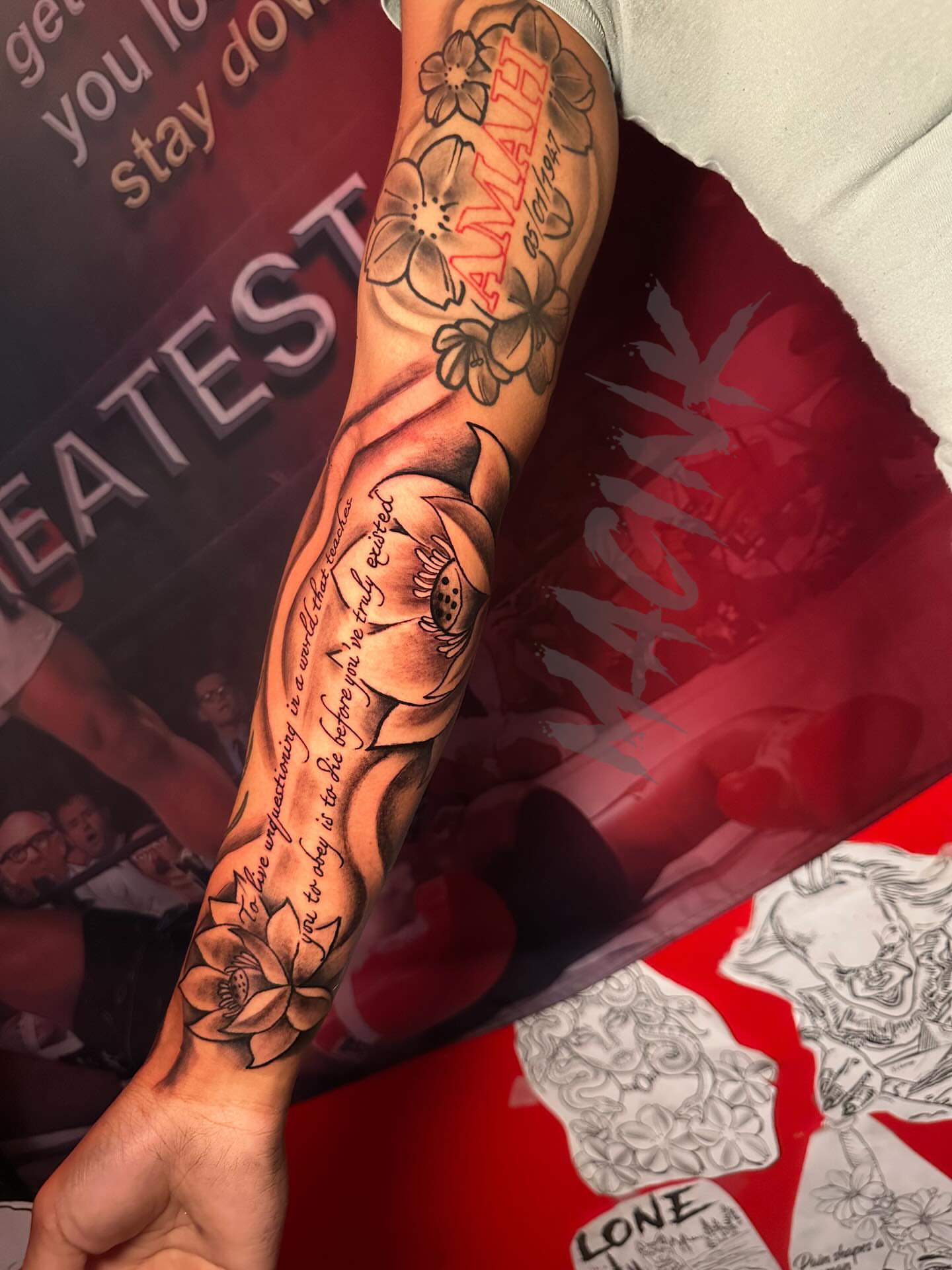 Lotus flower and script American traditional tattoo on the forearm by ATL Tattoo Artist💲