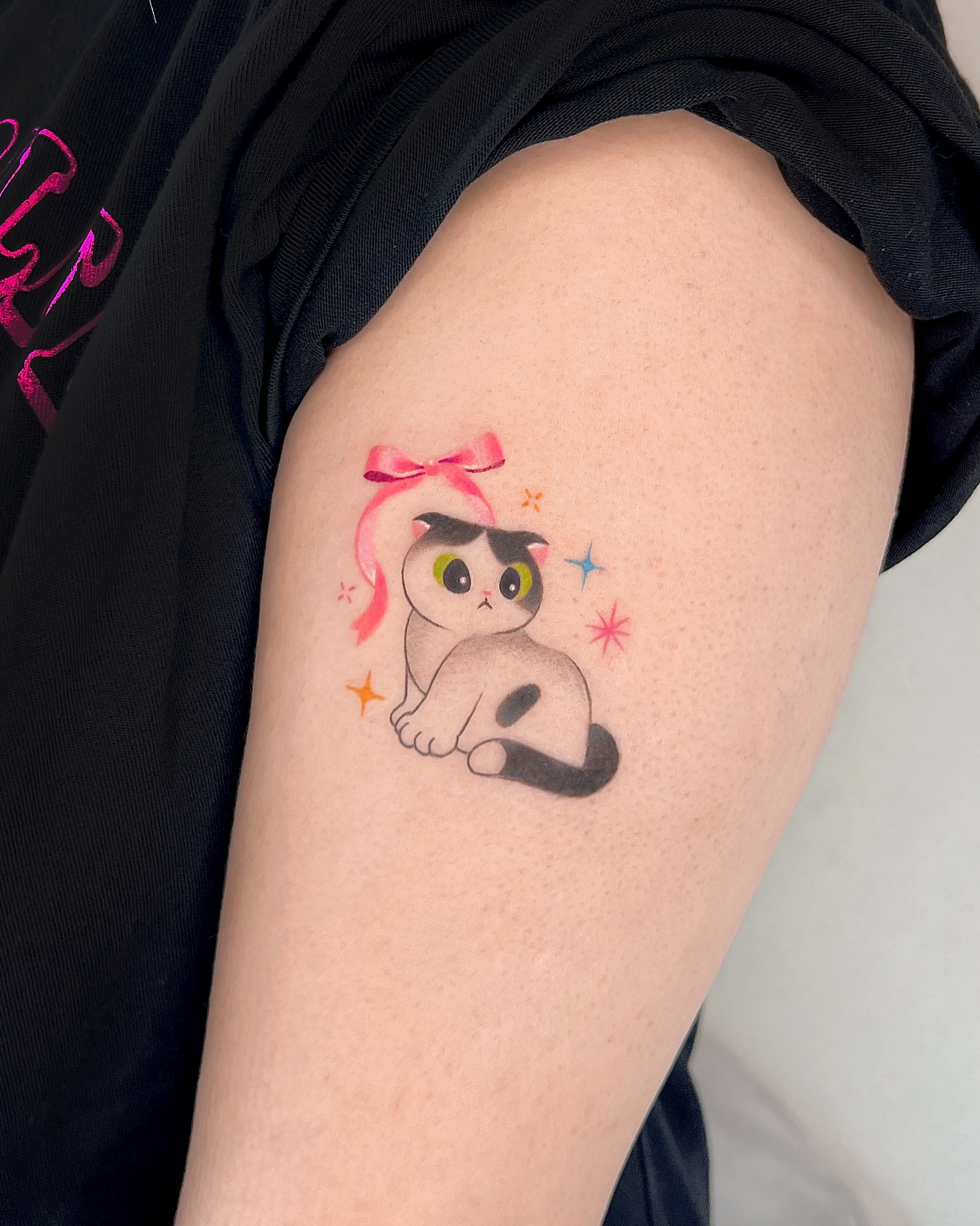 Cat dotwork tattoo on the forearm by 라이브 Live