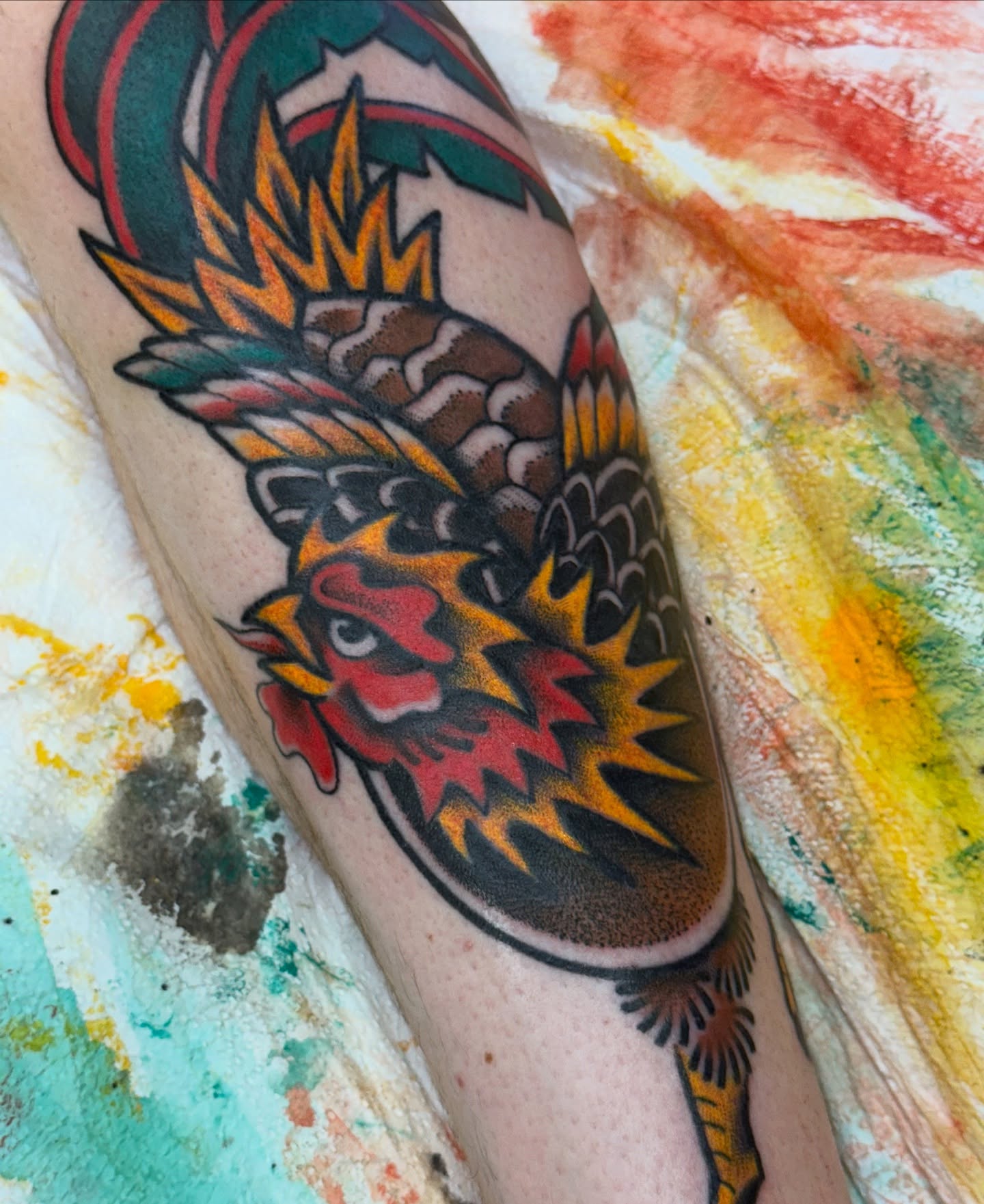 Rooster American traditional tattoo on the forearm by jenna clark🎨