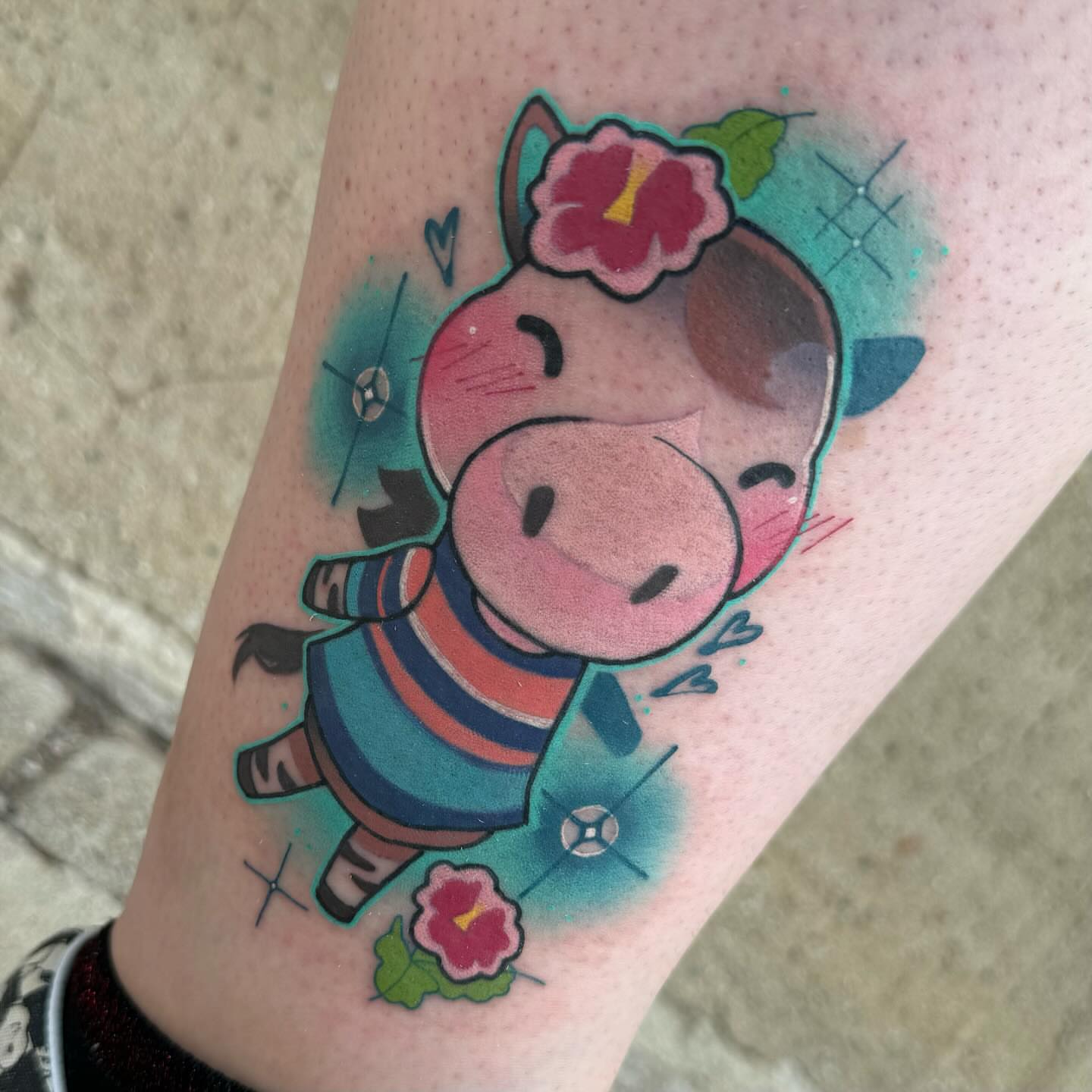 Pig with flowers new school tattoo on the forearm by Taylor Nicoll Chunn