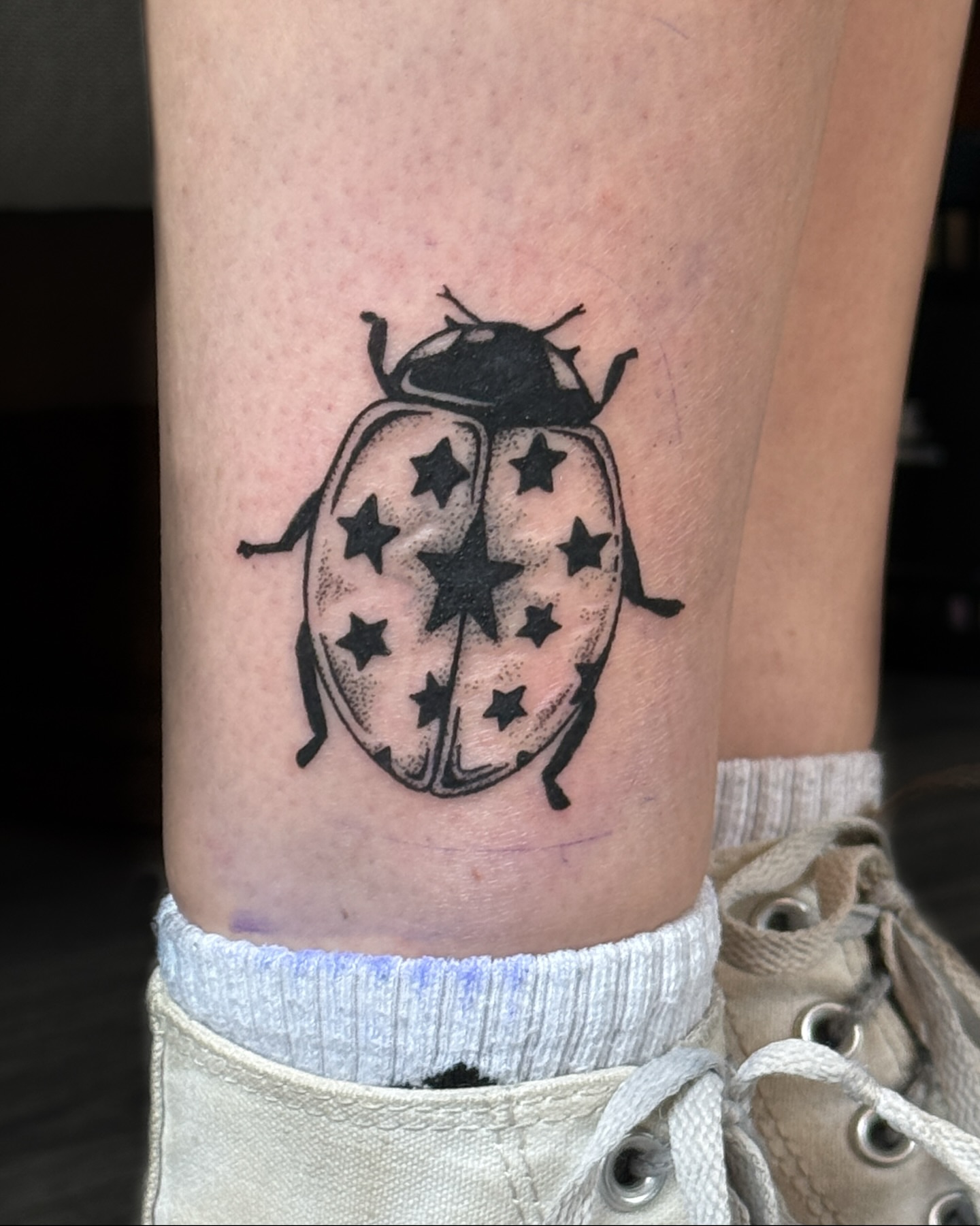 Star beetle dotwork tattoo on the forearm by Bella - Austin Tattoo Artist ₓ˚. ୭