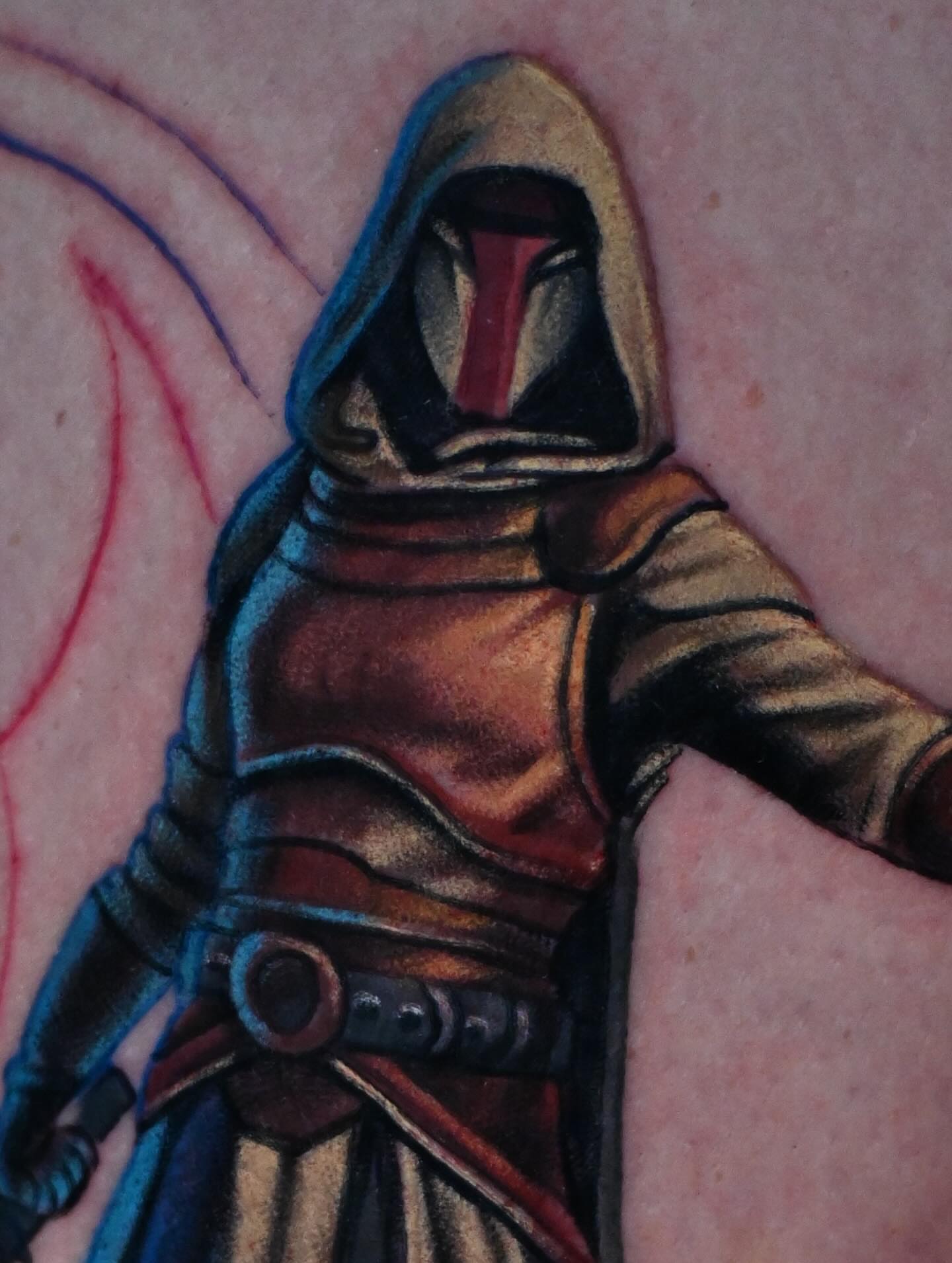 Hooded figure dark realism tattoo on the forearm by William Pollock