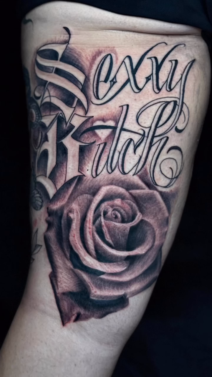 Tattoo by @tat2rikky — chicano, lettering_script