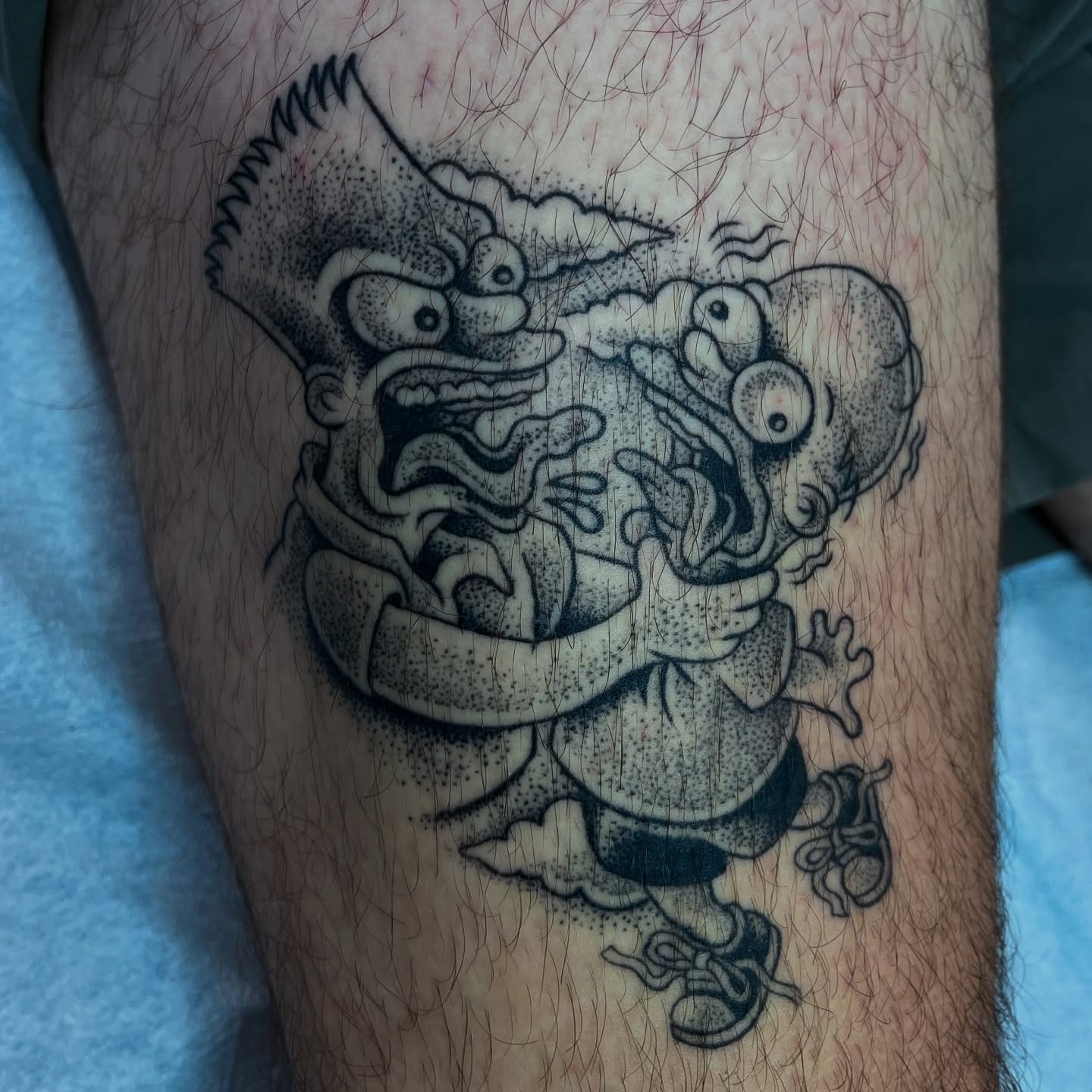 Angry cartoon character dotwork tattoo on the thigh by ☠︎ ︎𝗘𝗩𝗔 ☠︎︎