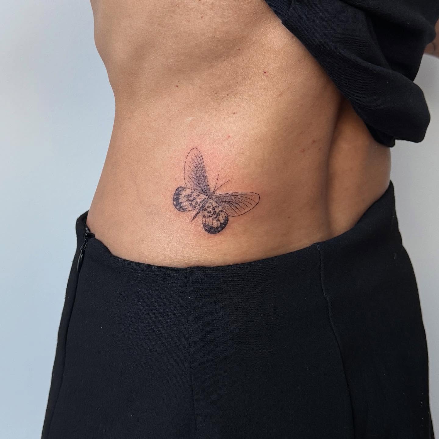 Butterfly dotwork tattoo on the torso by Kirsten