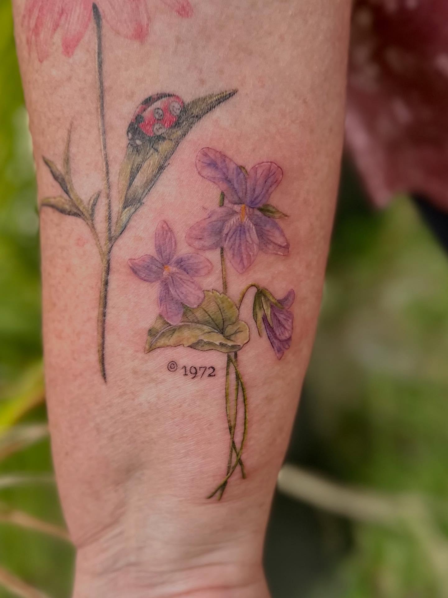 Violet flowers realism tattoo on the forearm by 🌼Kristen Kooster Tattoos🌼