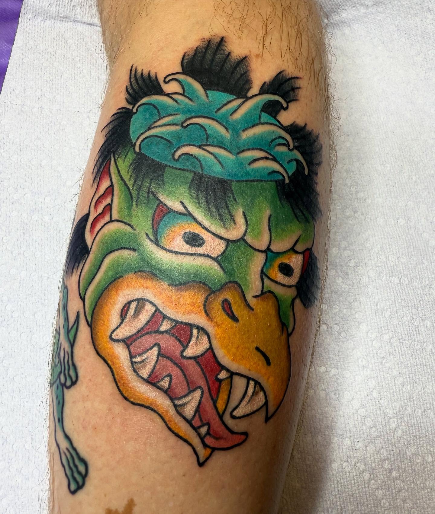 Monster head American traditional tattoo on the forearm by Brendan Willbern, Austin, Texas