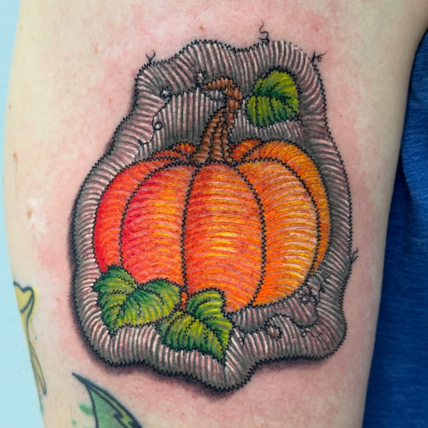 Pumpkin American traditional tattoo on the forearm by Lacee-Beth Finch