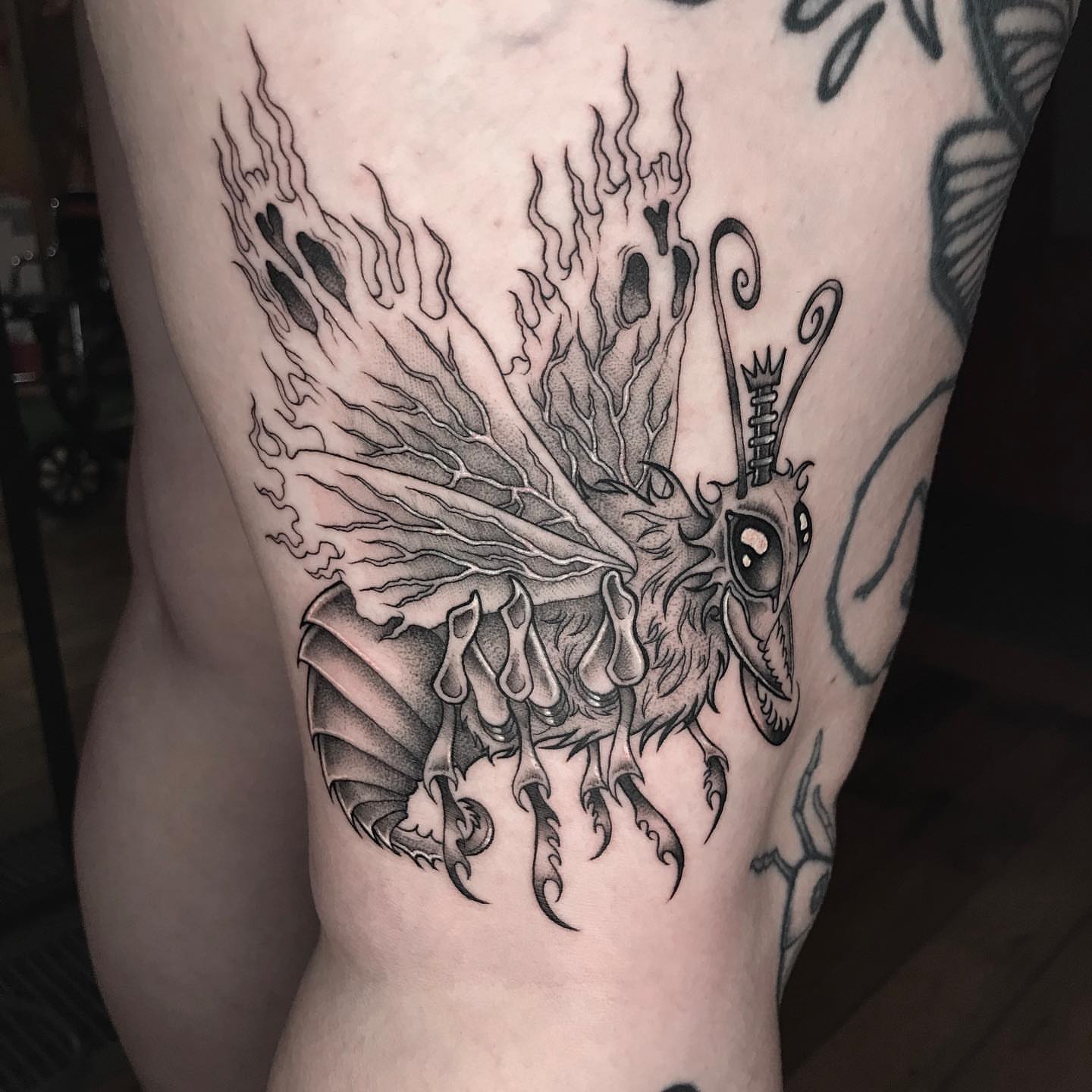 Tattoo by @raineydaytattoos — black_and_grey, dark_realism