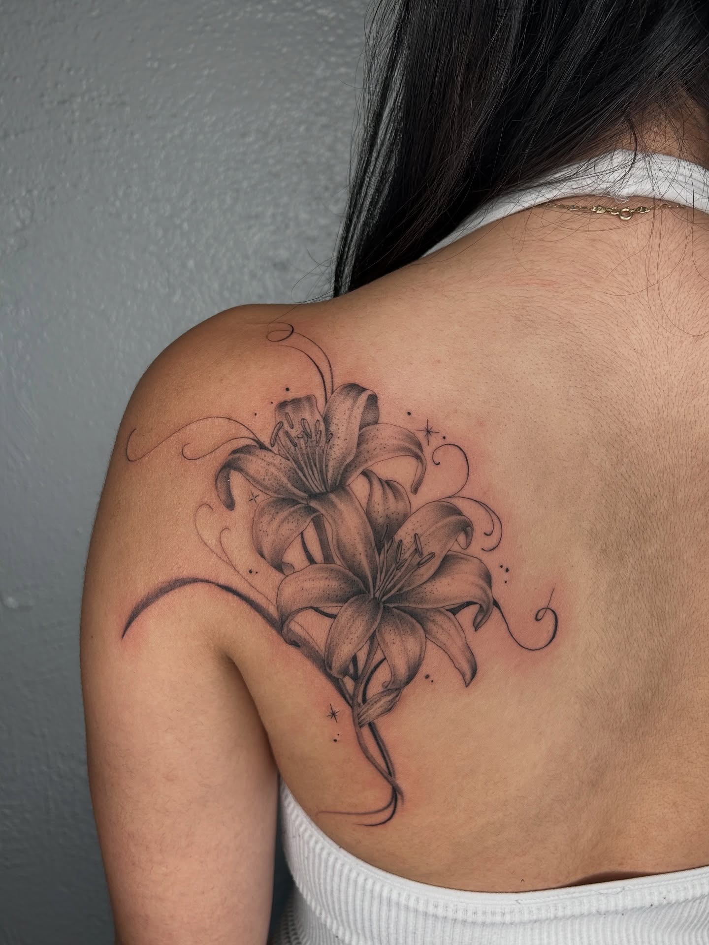 Lilies black and grey tattoo on the shoulder by ✭ Elisa ✭