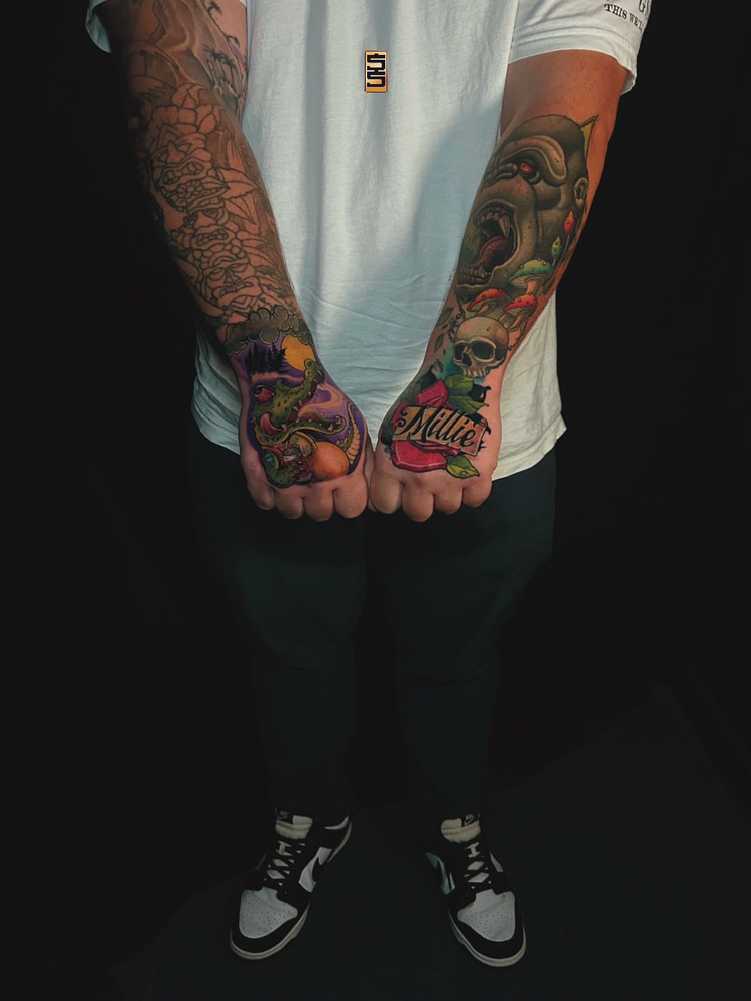 Mystical creature and skull neo-traditional tattoo on the forearm by Austin Tattoo Artist