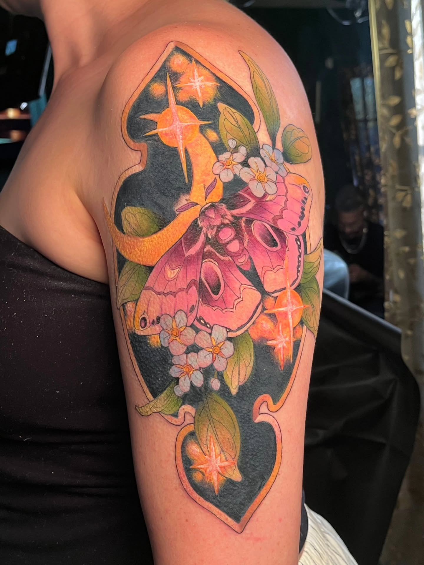 Butterfly and flowers illustrative tattoo on the forearm by Summer Machelle, Orange, California