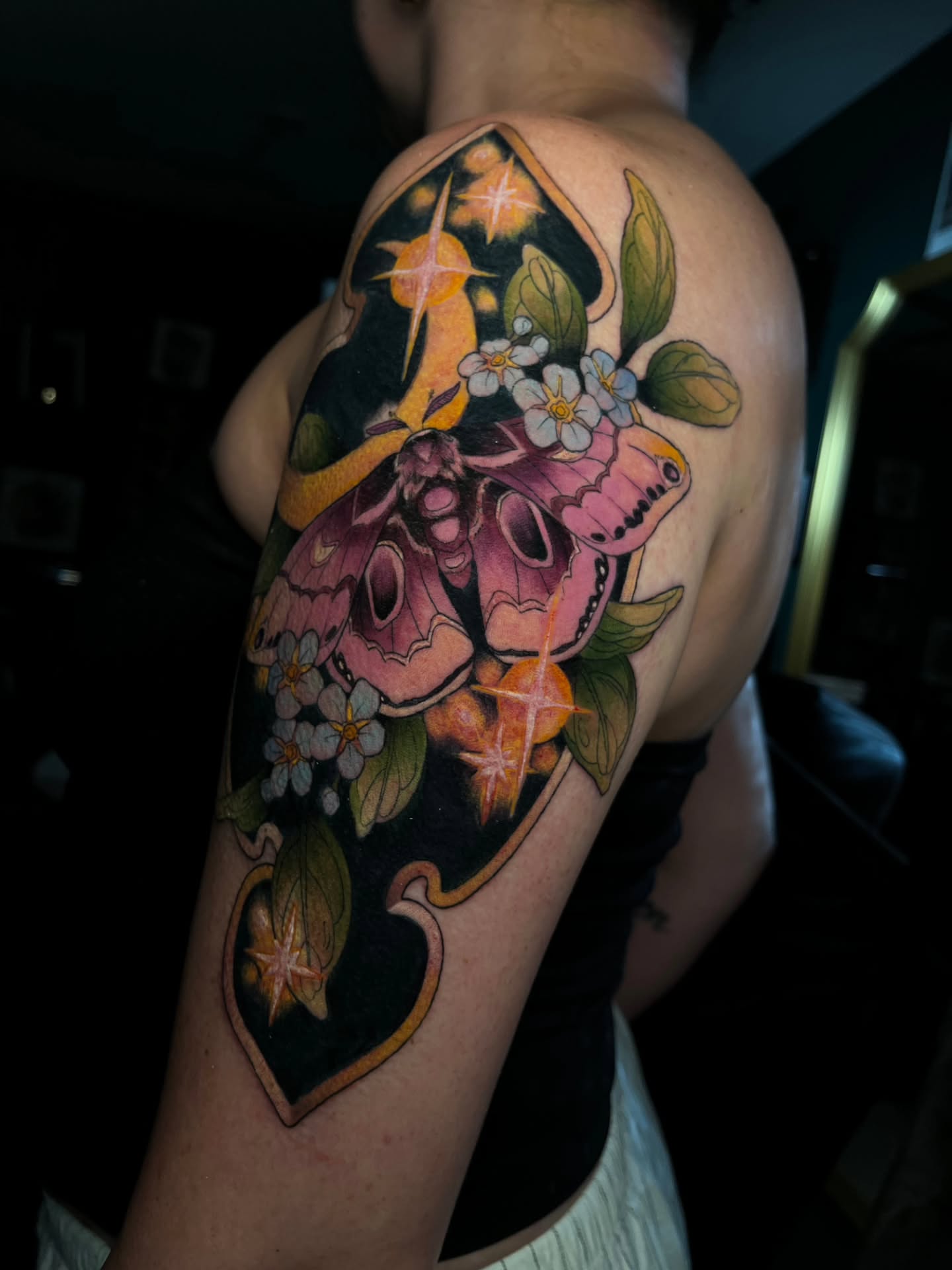 Butterfly and flowers American traditional tattoo on the shoulder by Summer Machelle, Orange, California