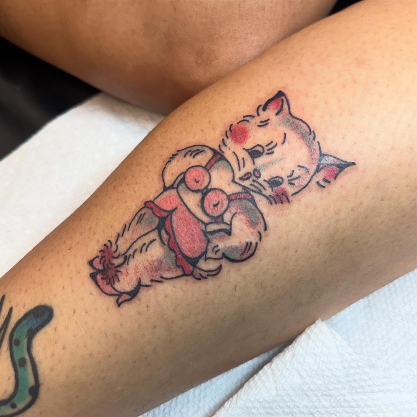 Cat and pig American traditional tattoo on the forearm by 𝗞𝗮𝘁 𝗕𝗹𝗮𝗻𝗸𝗲𝗻𝘀𝗵𝗶𝗽