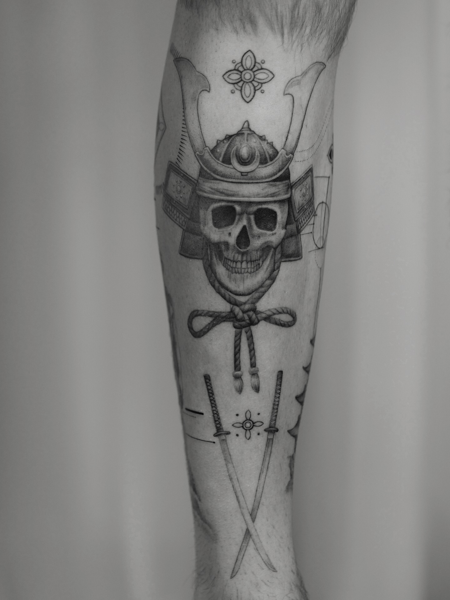 Samurai skull realism tattoo on the forearm by Ray Quinday