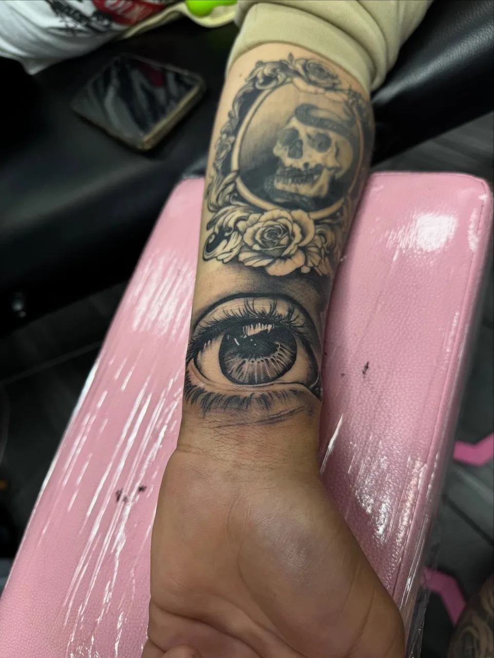 Eye and skull realism tattoo on the forearm by lizzy, Damascus, Maryland