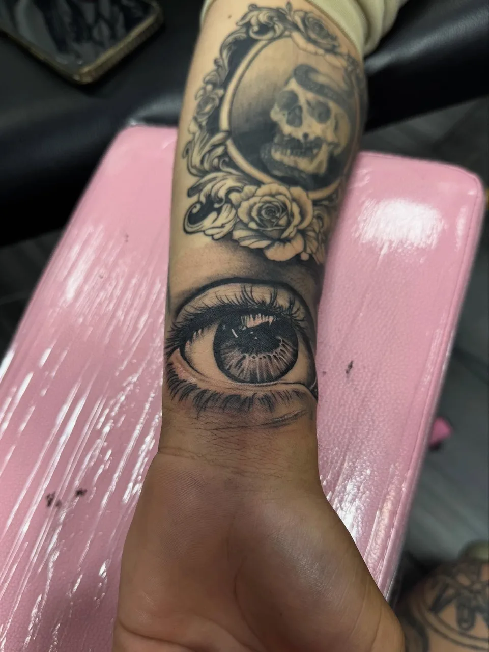 Eye and skull realism tattoo on the forearm by lizzy, Damascus, Maryland