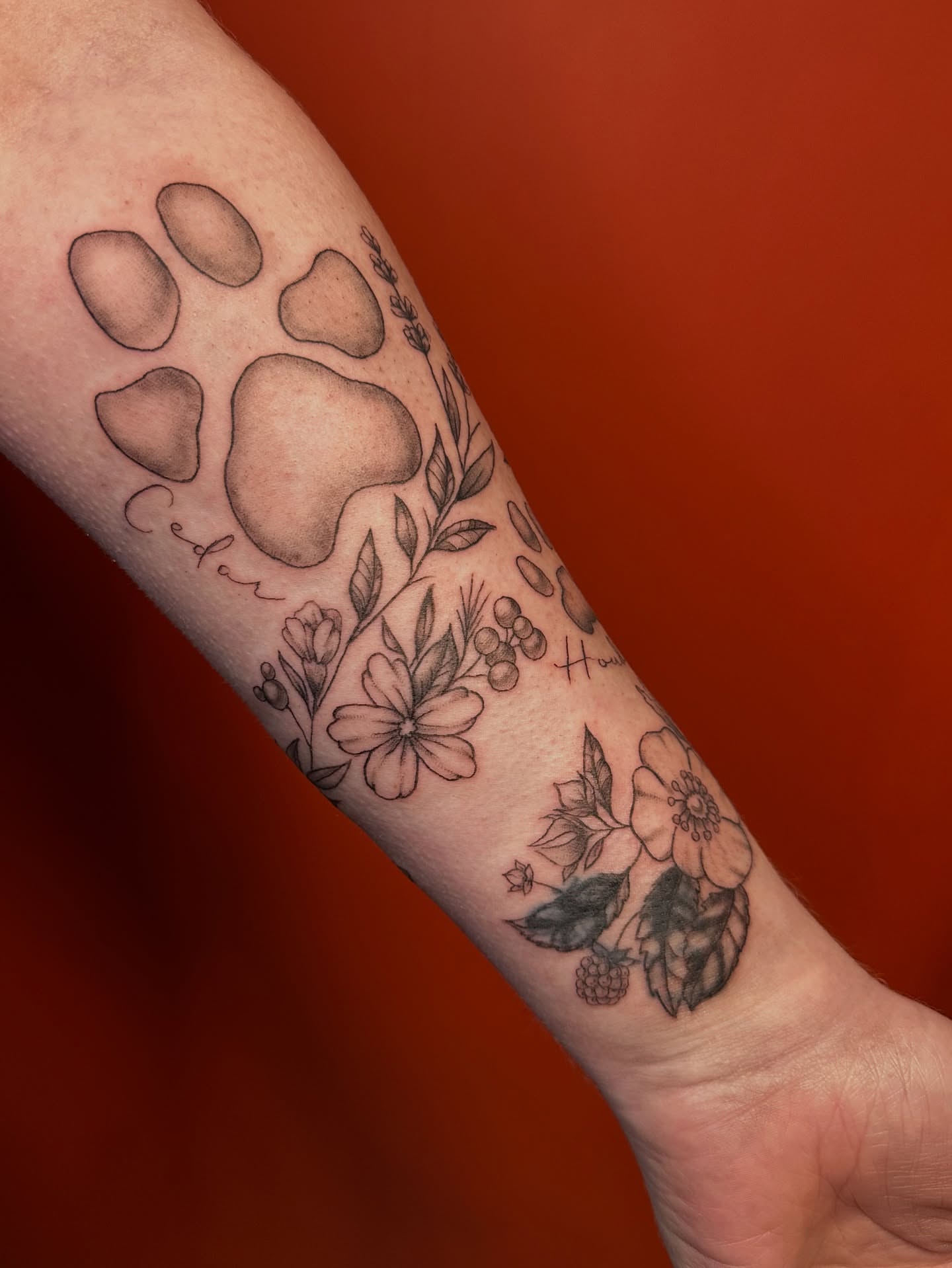 Paw print and floral black and grey tattoo on the forearm by Lauren DeLizza