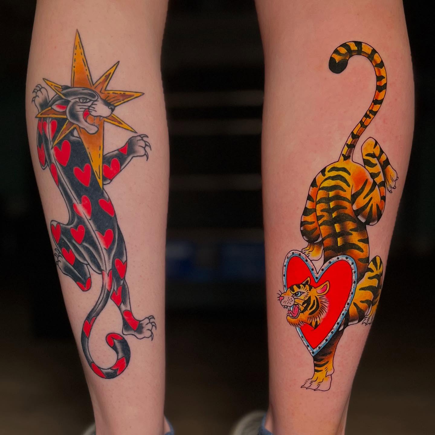 Panther and tiger American traditional tattoo on the leg by 🪴Amanda Lugo🪴 Ocala Tattoo Artist