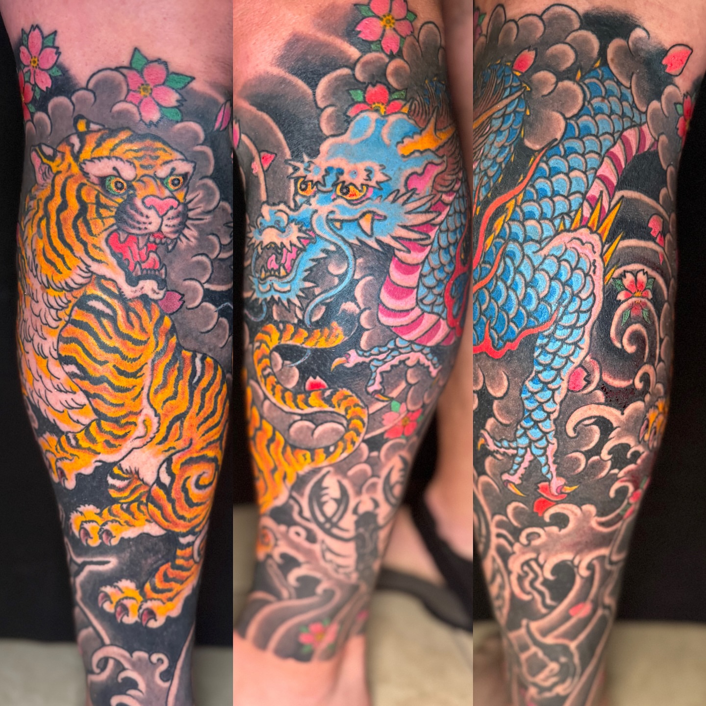 Tiger and dragon japanese irezumi tattoo on the forearm by Leif Hansen