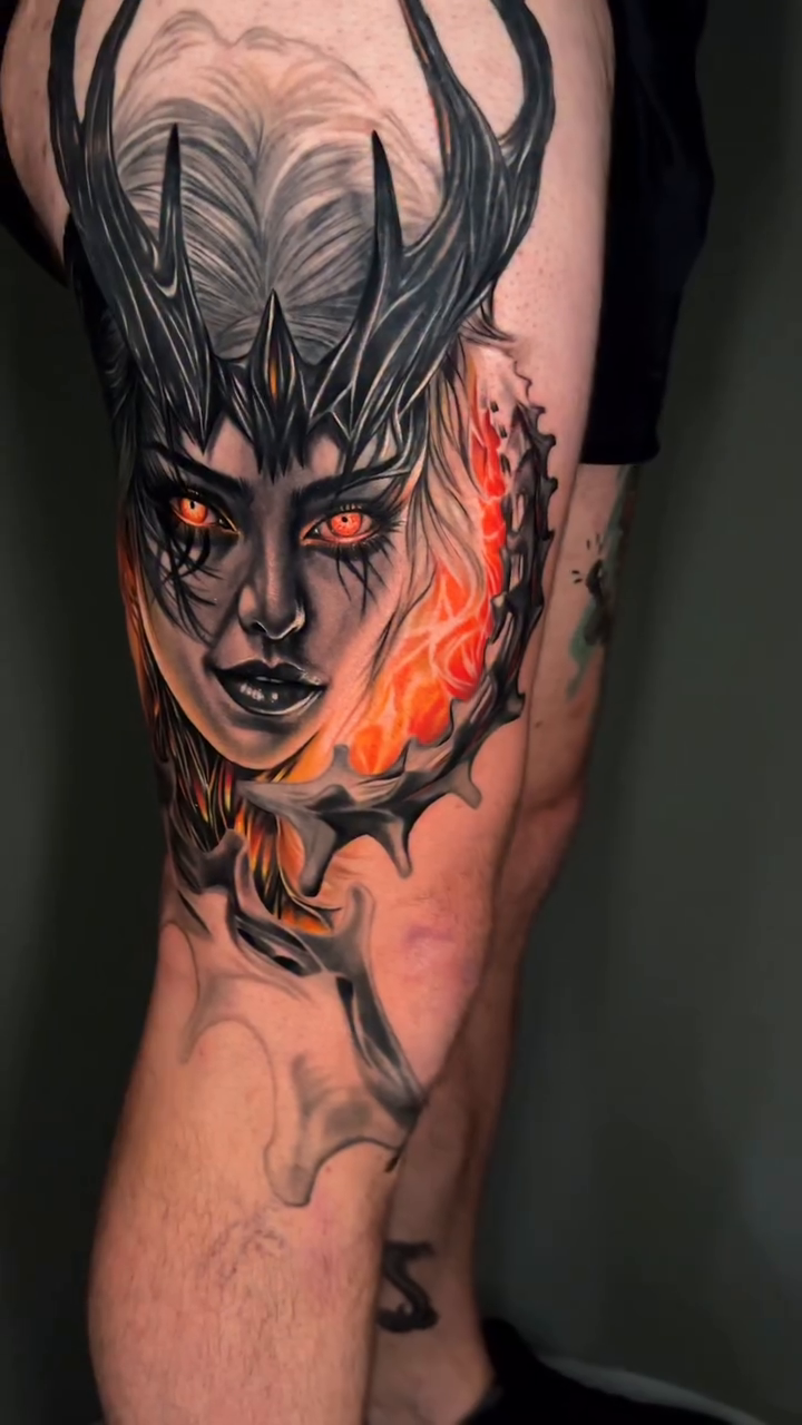 Demon queen with fiery accents dark realism tattoo by Dakota Case