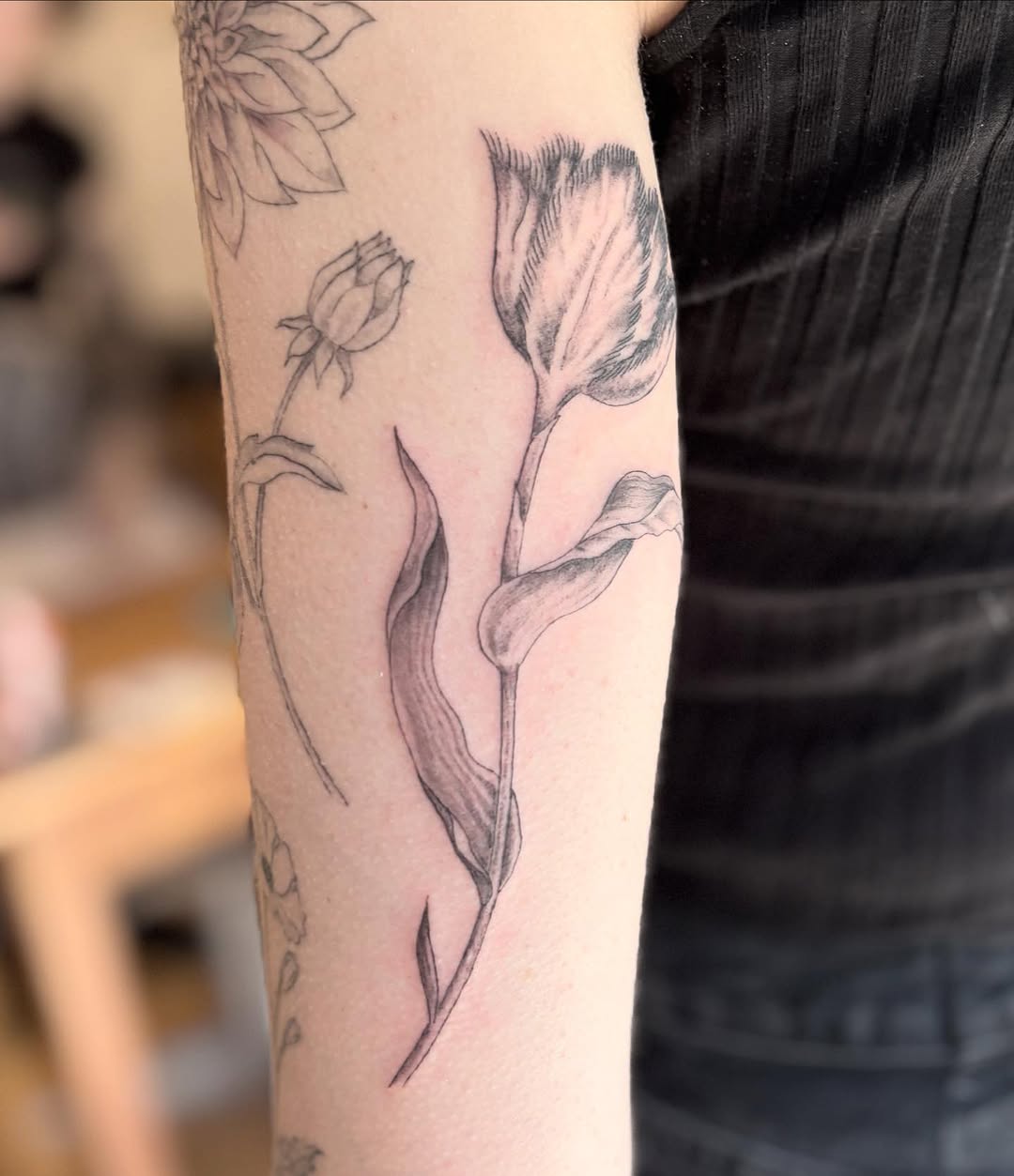 Tattoo by @flowers.for.all.occasions โ fine_line, black_and_grey