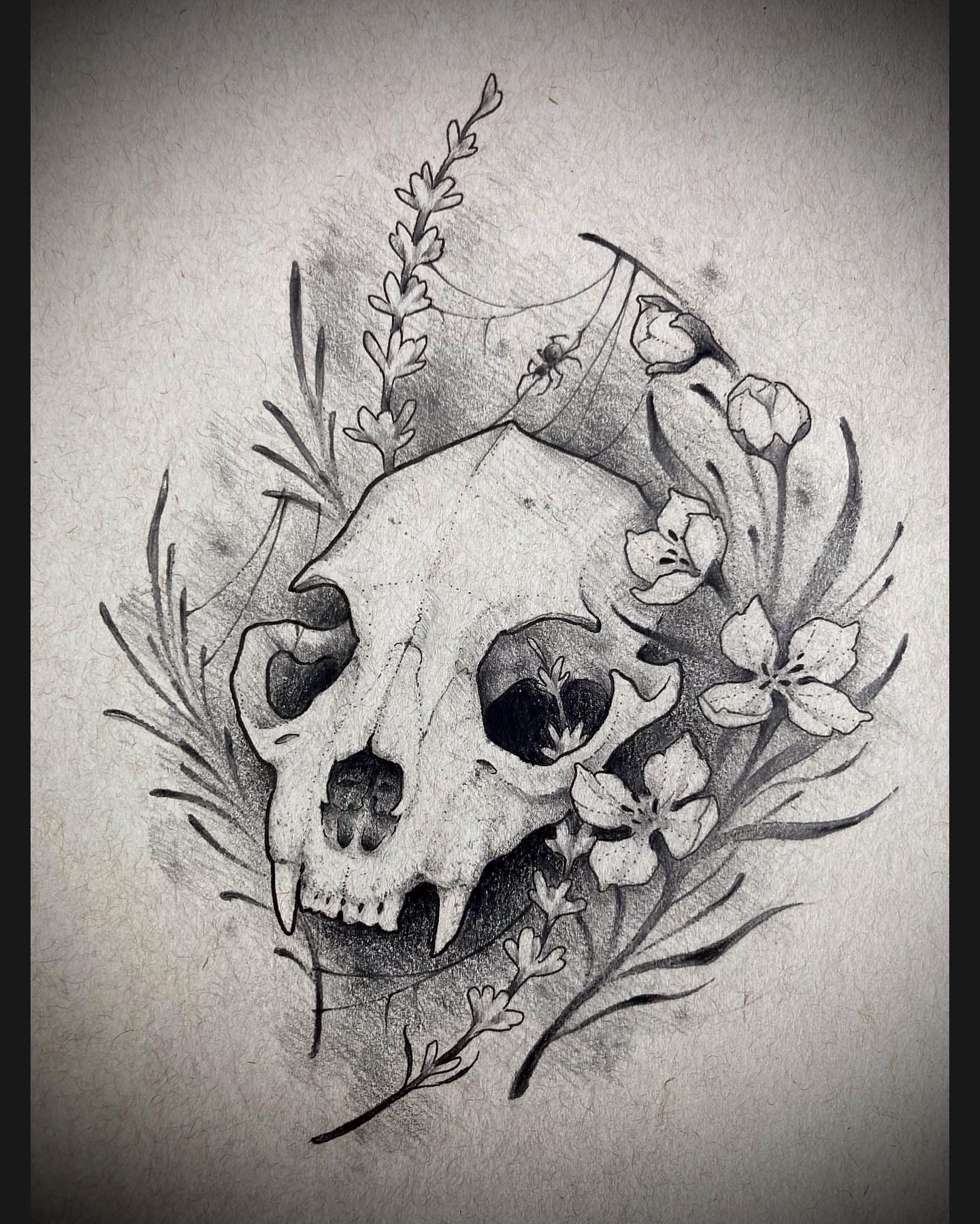 Skull and flowers realism tattoo by Griffin Benson