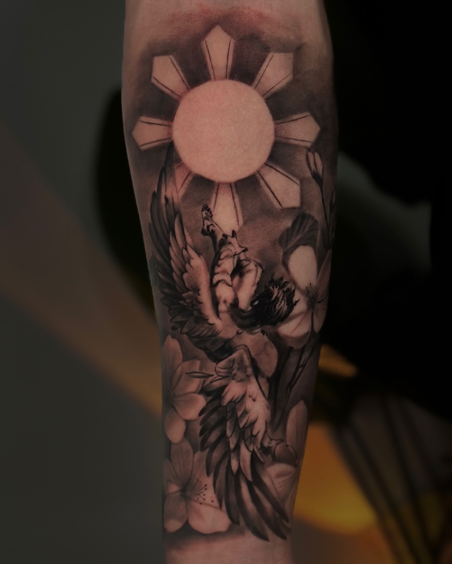 Angel with halo realism tattoo on the forearm by Nathan, Charlotte, North Carolina
